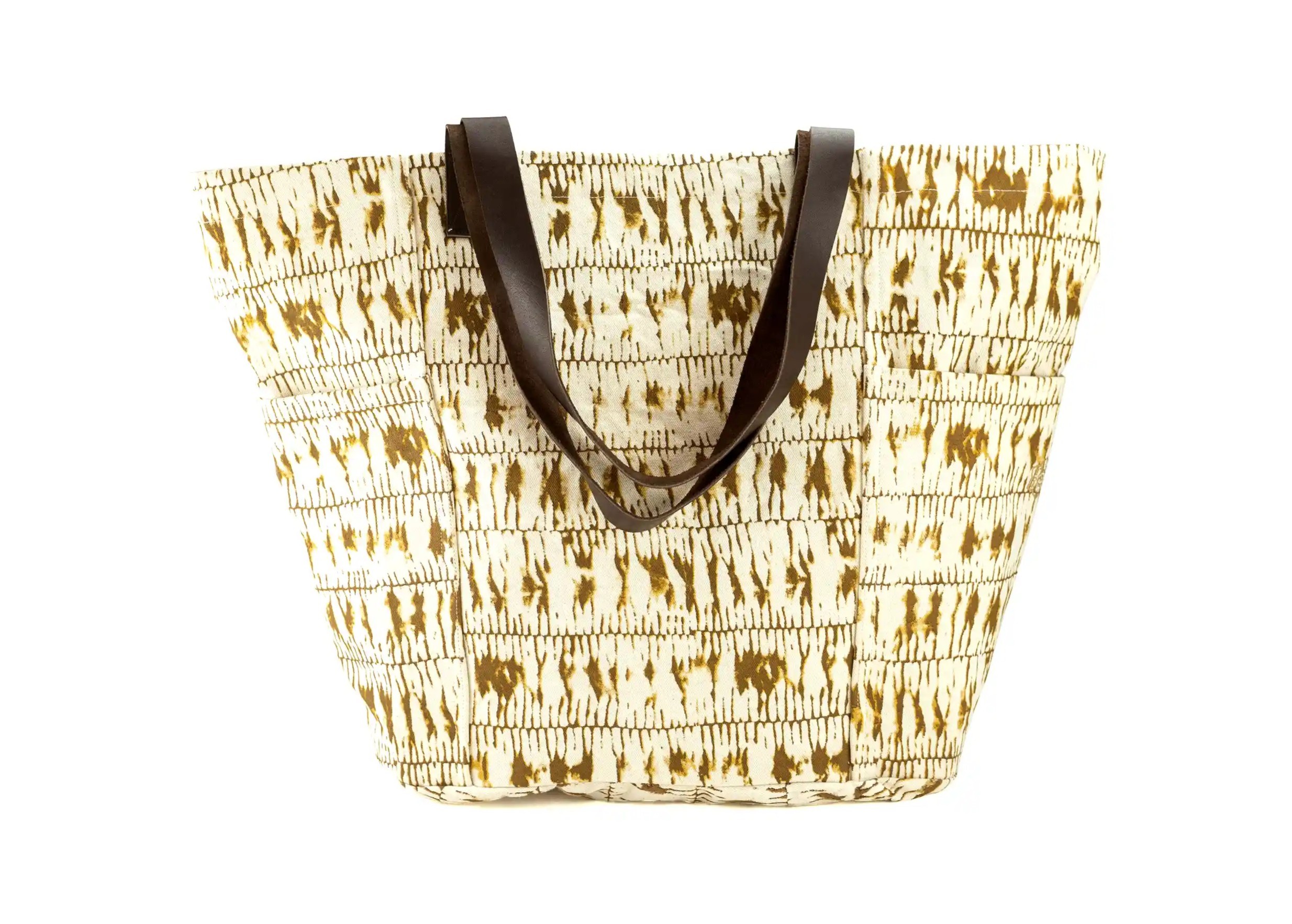 Shade tote bag, cotton and leather handles, saffron print on cut-out background