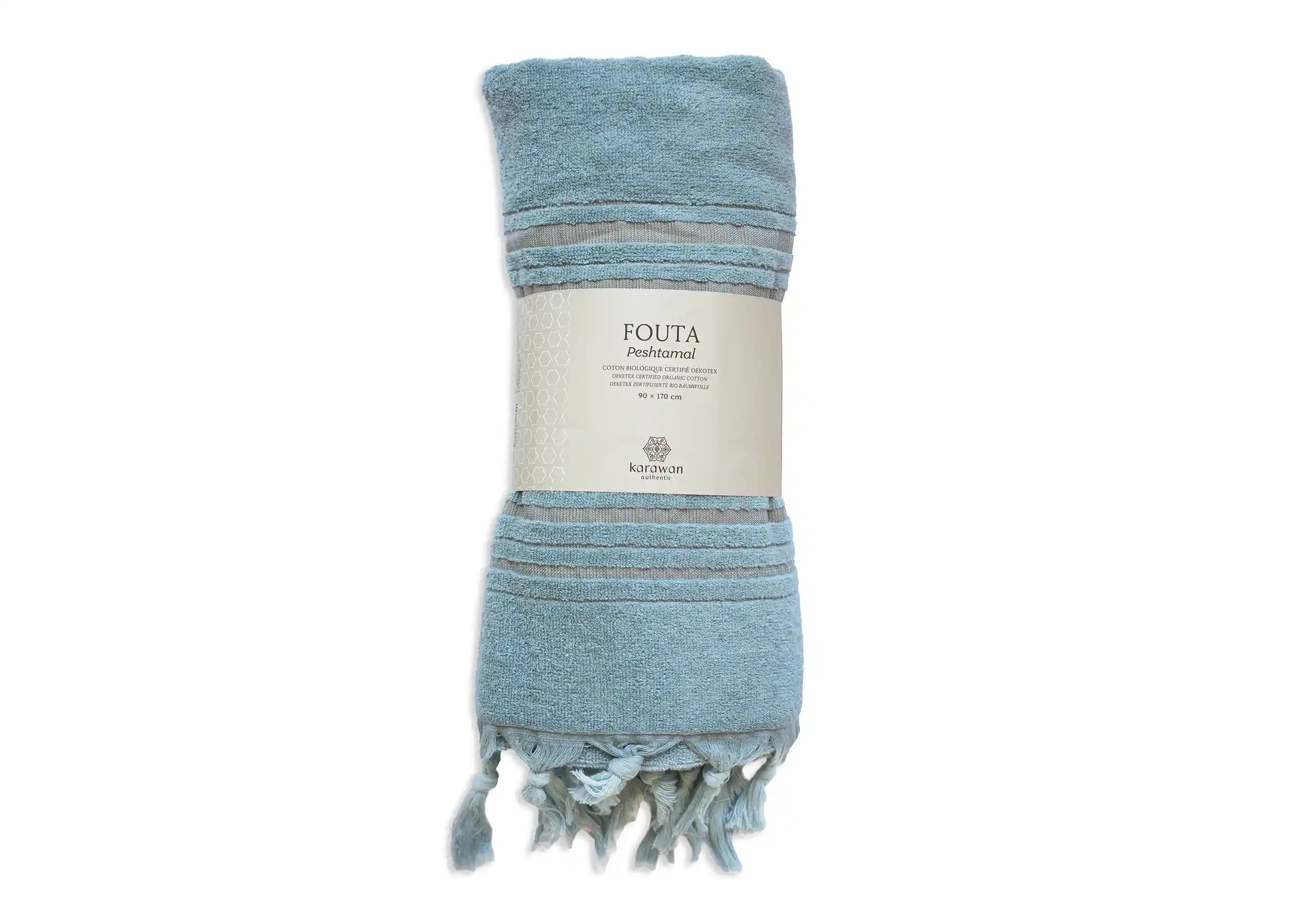 Fouta coloris aigue Marine en coton bio, photo détourée du produit avec son packaging