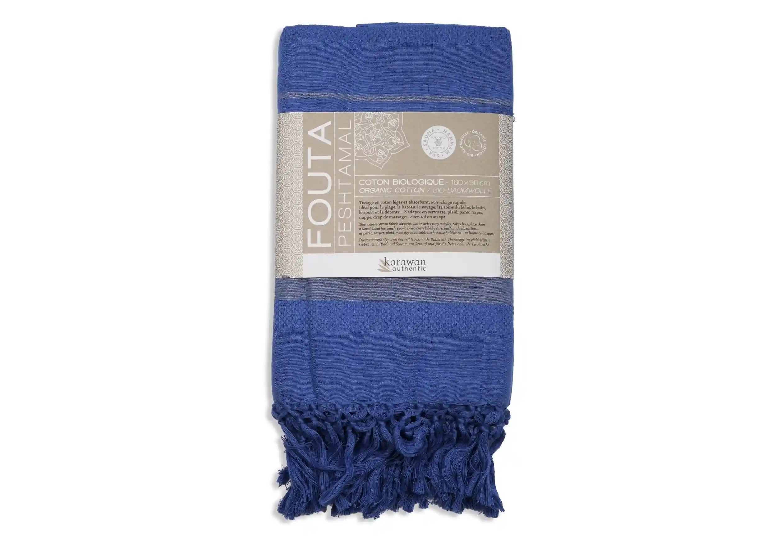 Organic cotton Fouta in blueberry Garden, packshot with its packaging