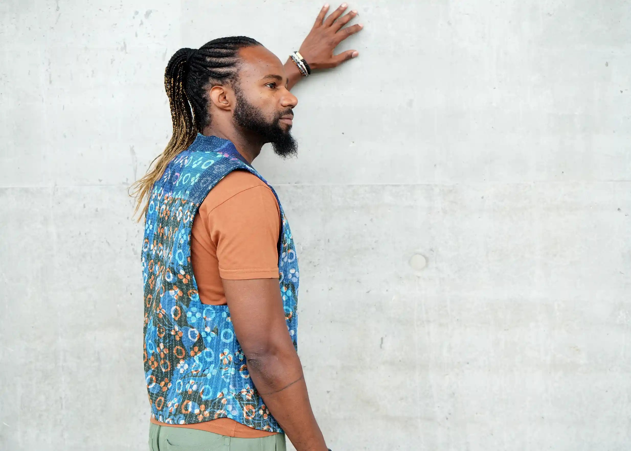 Man wearing a reversible quilted cotton kanta bolero, by Karawan