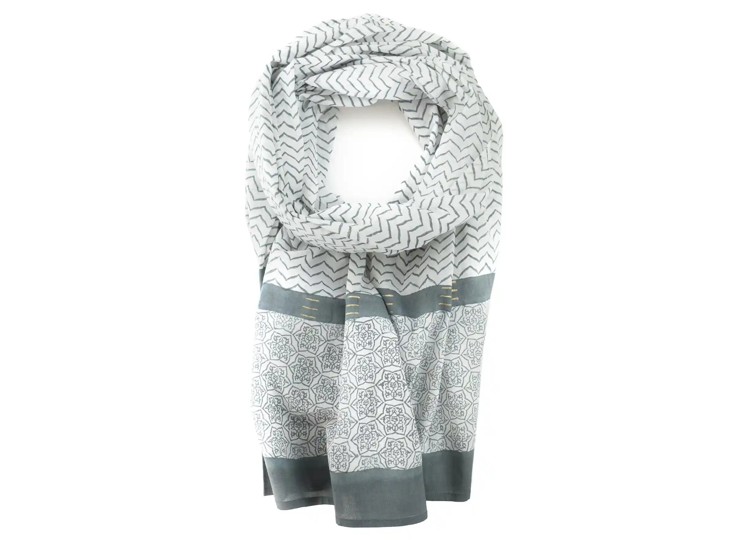‘Zigblock’ cotton pareo, block-printed in Chinese blue, cropped photo