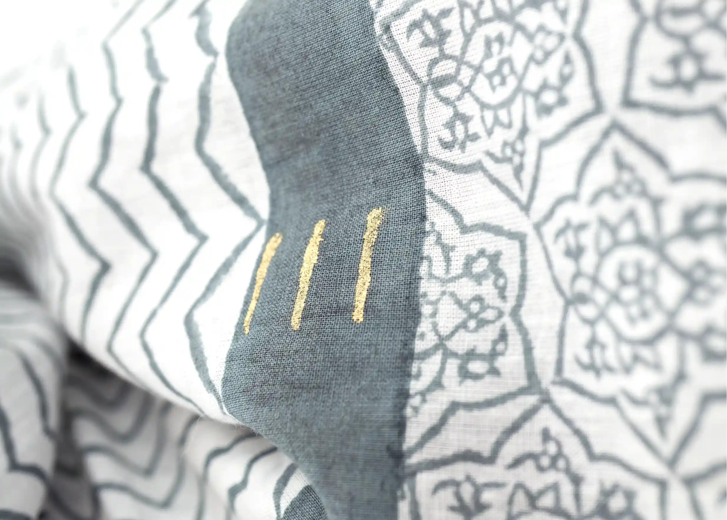 Close-up view of the zigblock blockprint pareo, Chinese blue colour