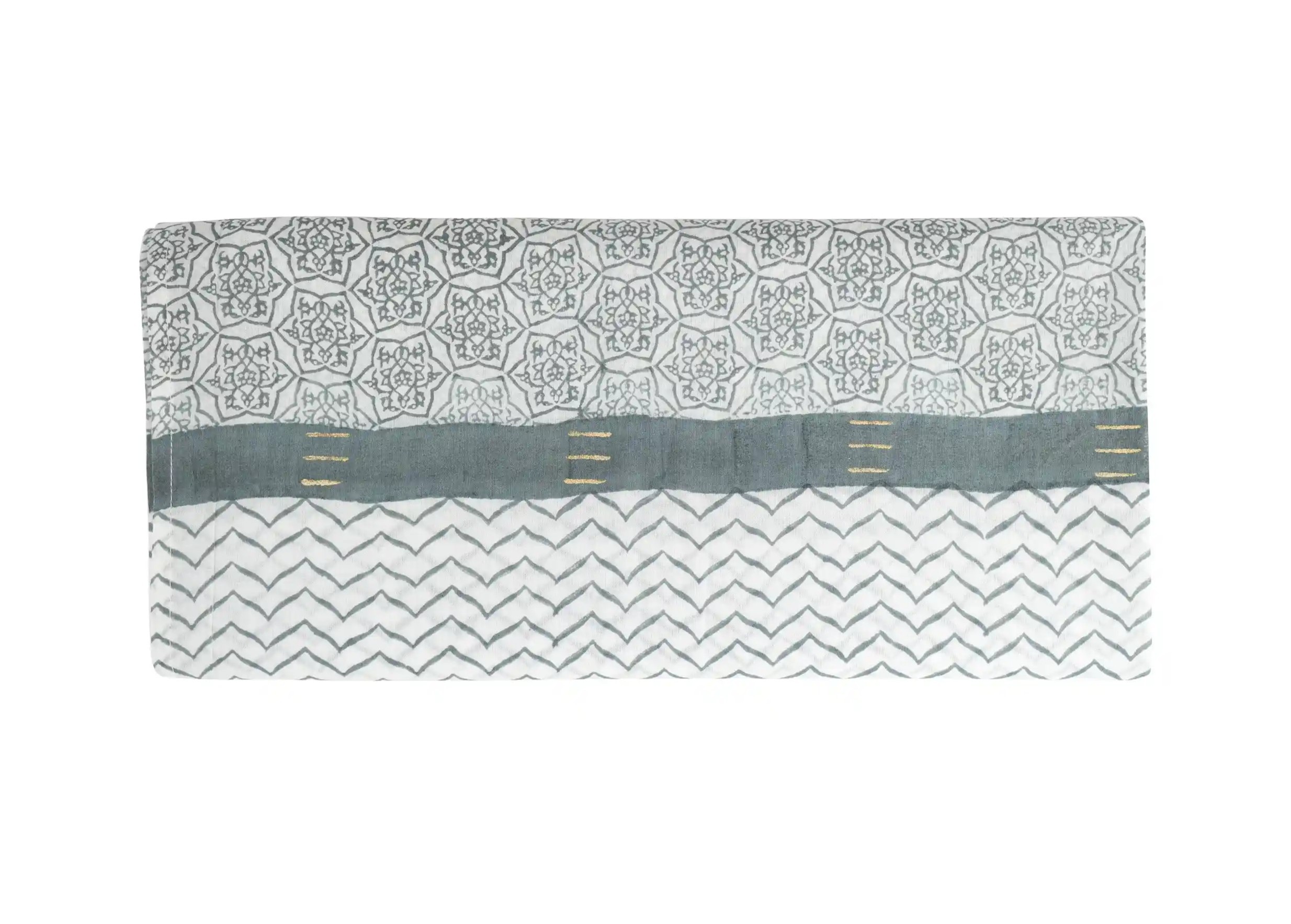 Focus on the details of the ‘Zigblock’ cotton pareo, block-printed in Chinese blue.