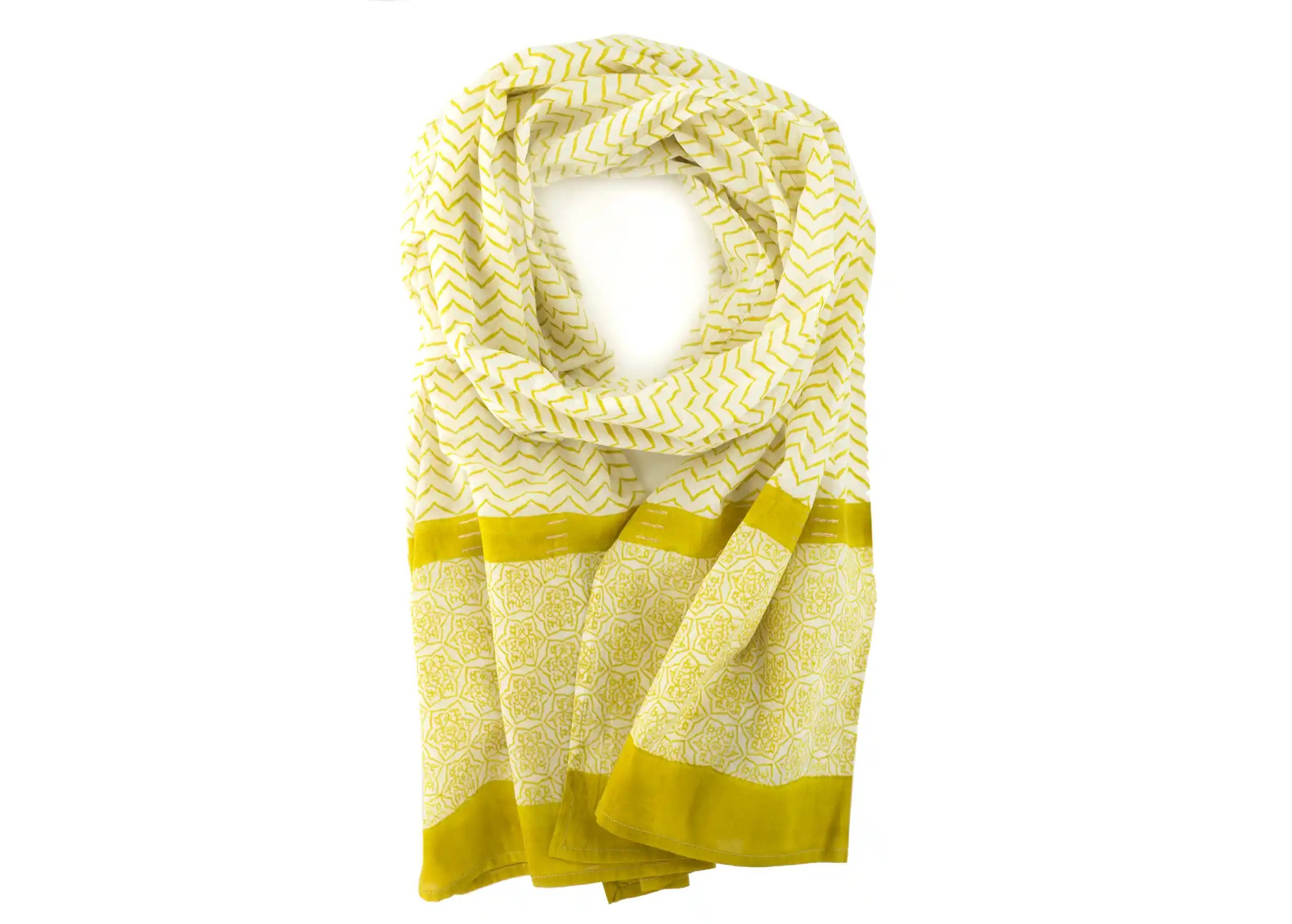 ‘Zigblock’ cotton pareo, block printed, curry colour, white background with cut-out edges