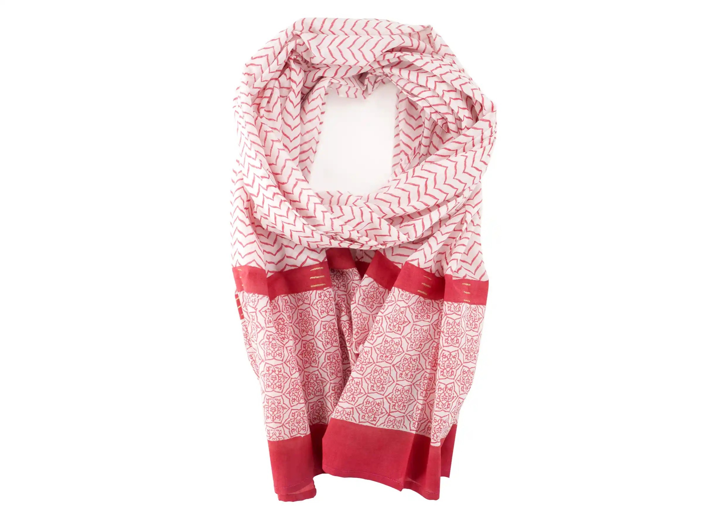 ‘Zigblock’ cotton pareo, block-printed, red colour, photo taken against a white background