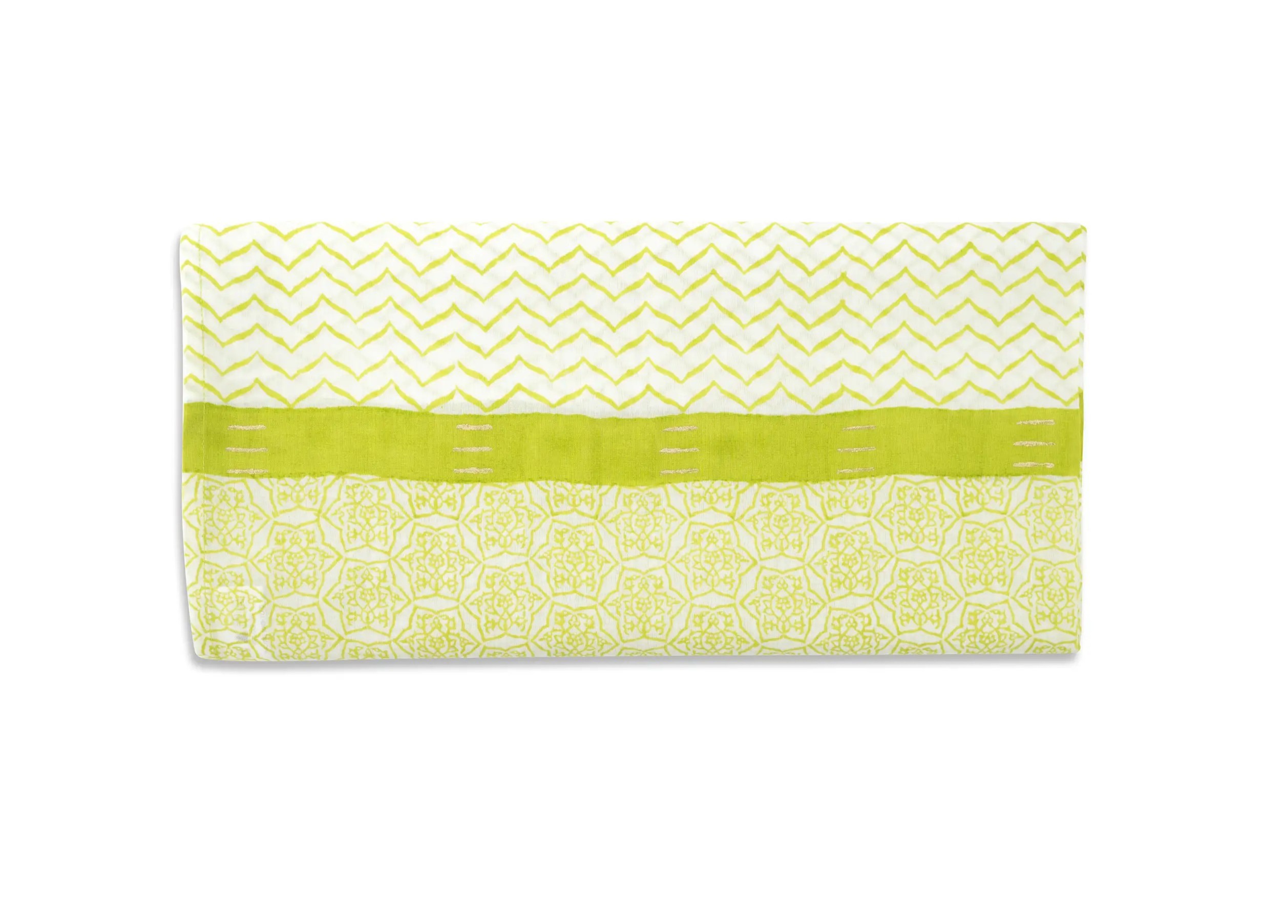 Zoom in the details of the zigblock sarong, pad-printed cotton, in bamboo green