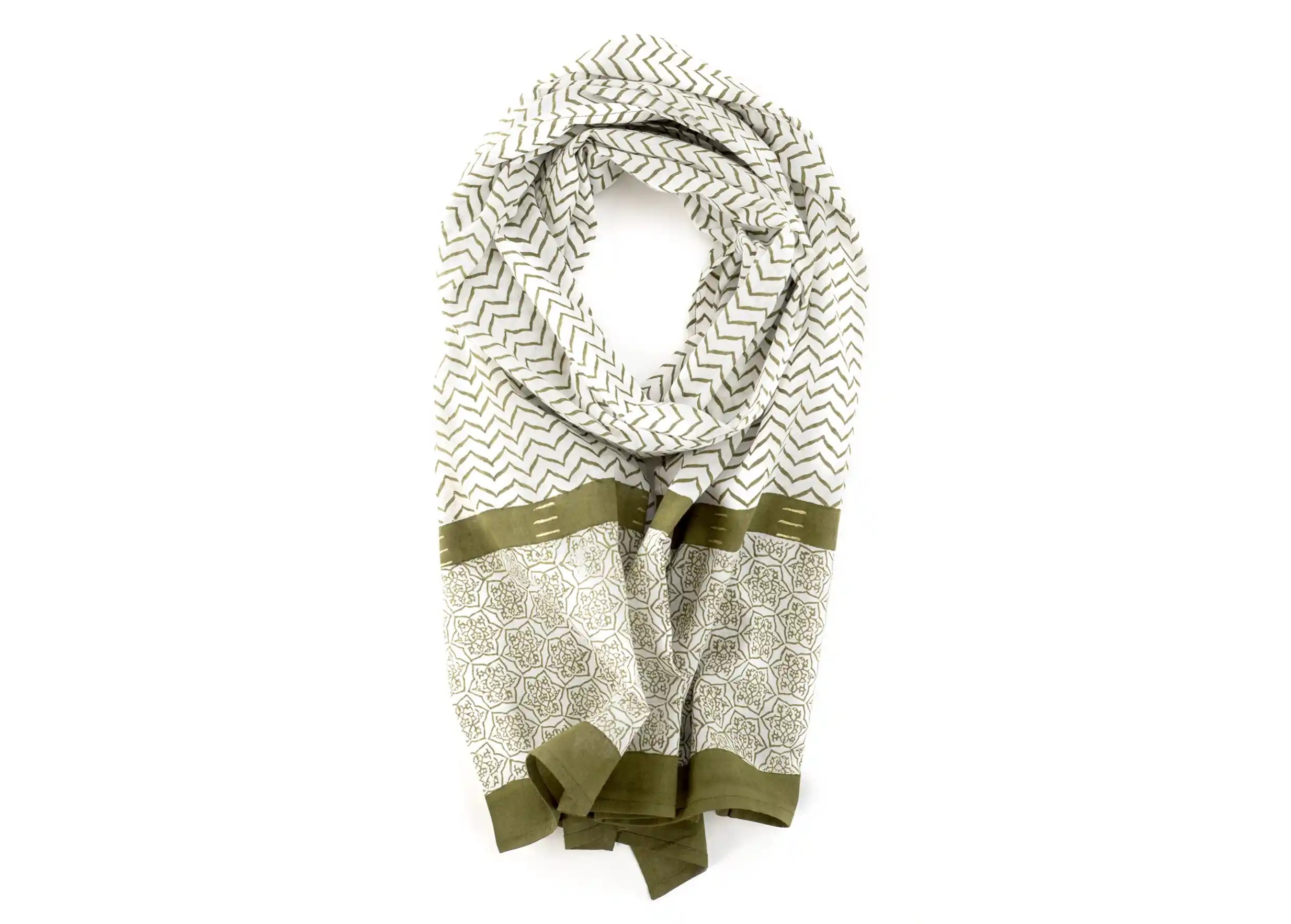 ‘Zigblock’ cotton pareo, block-printed in olive green, photo taken against a white background