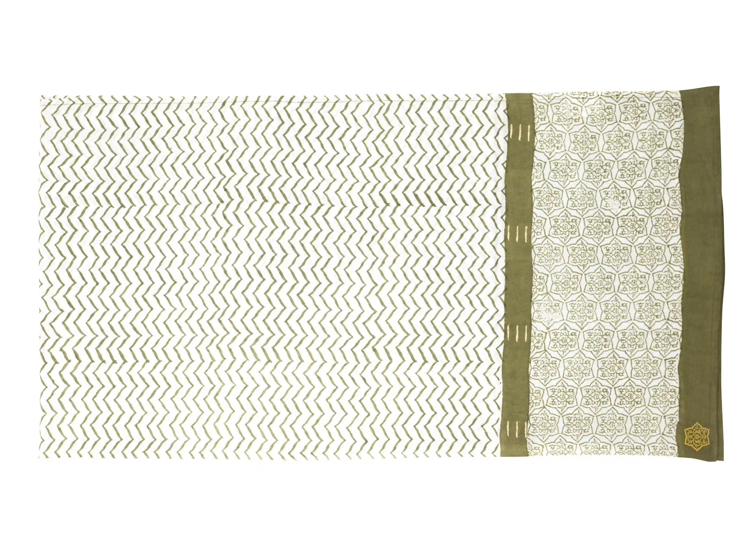 Zoom in on the zigzag details of the Karawan olive green sarong-scarf
