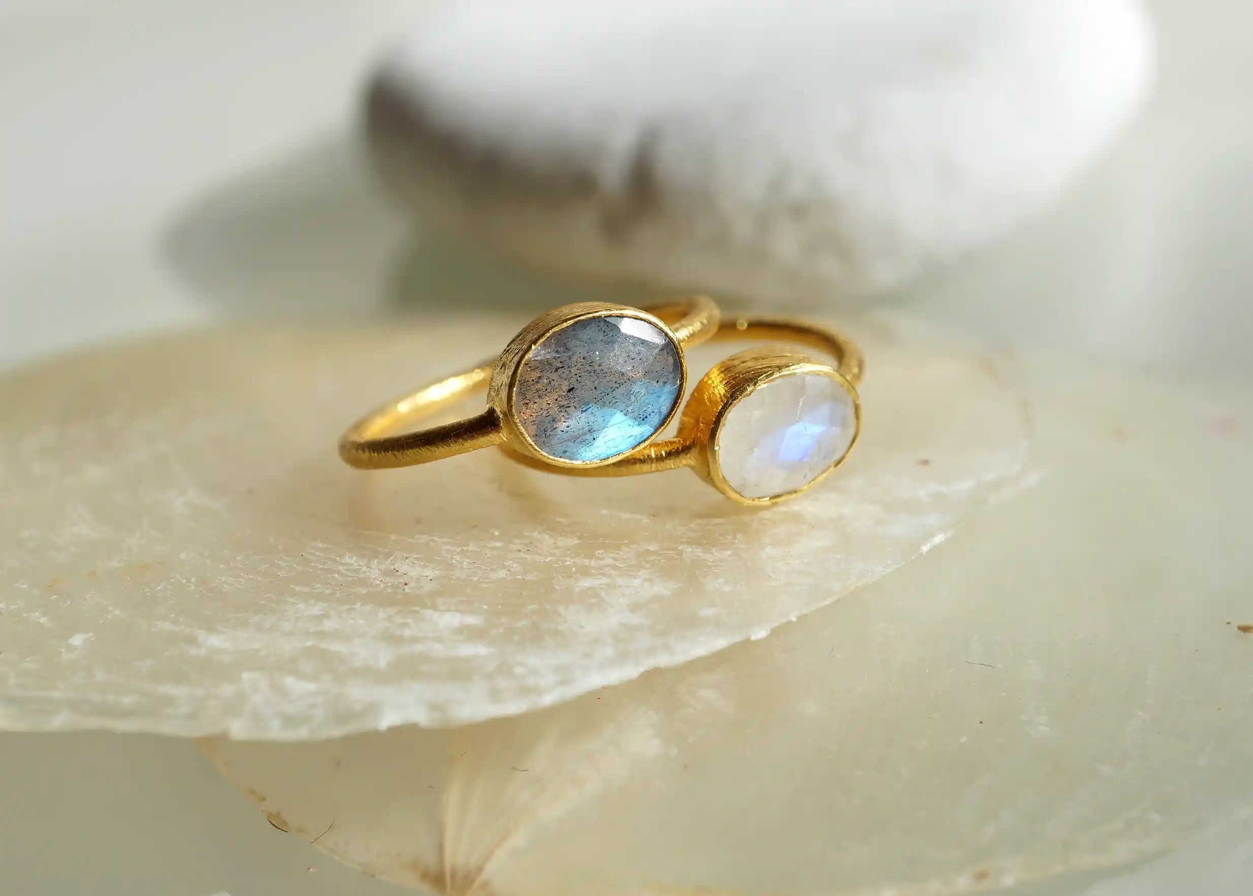 Gold-plated Drop, Labradorite and Moonstone Rings