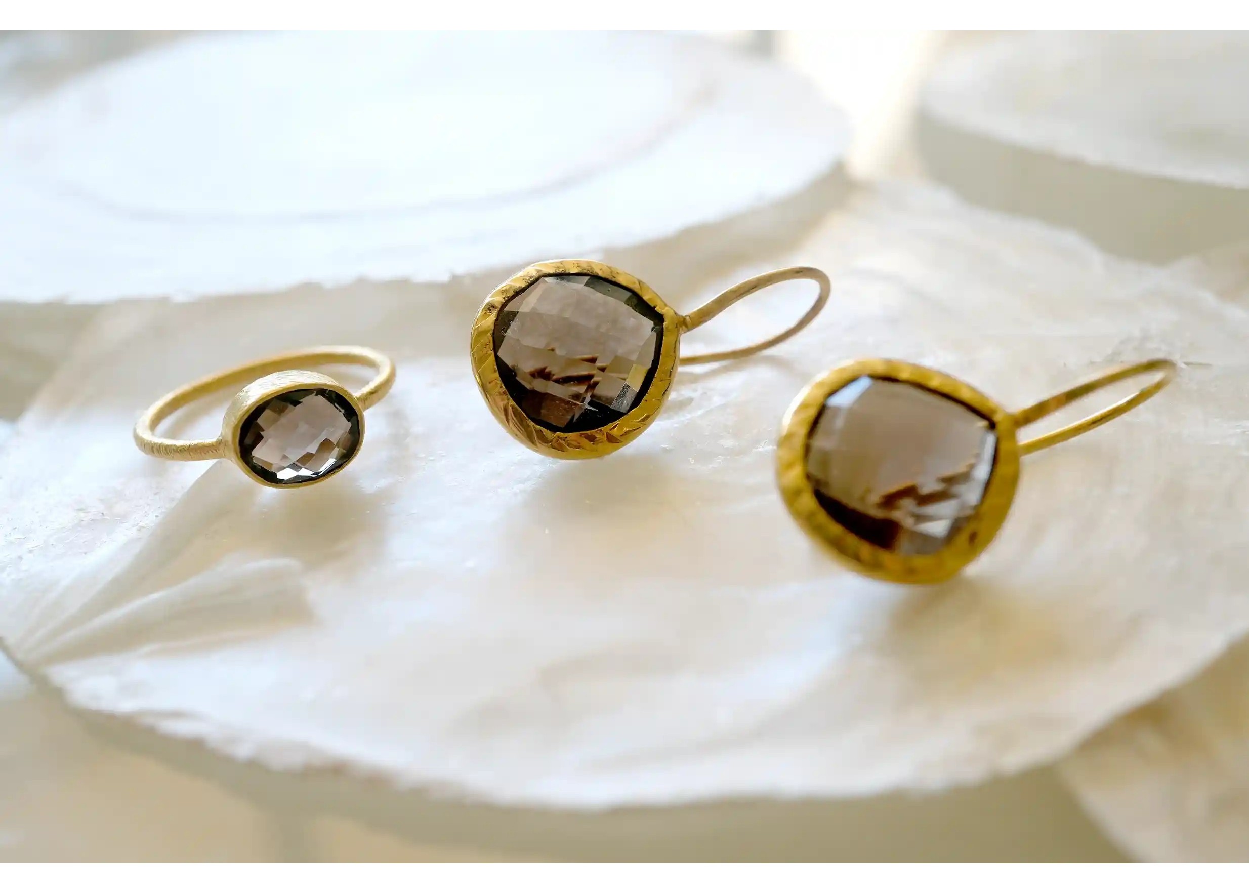 925 silver gold plated Drop ring and earrings, Smoky Quartz