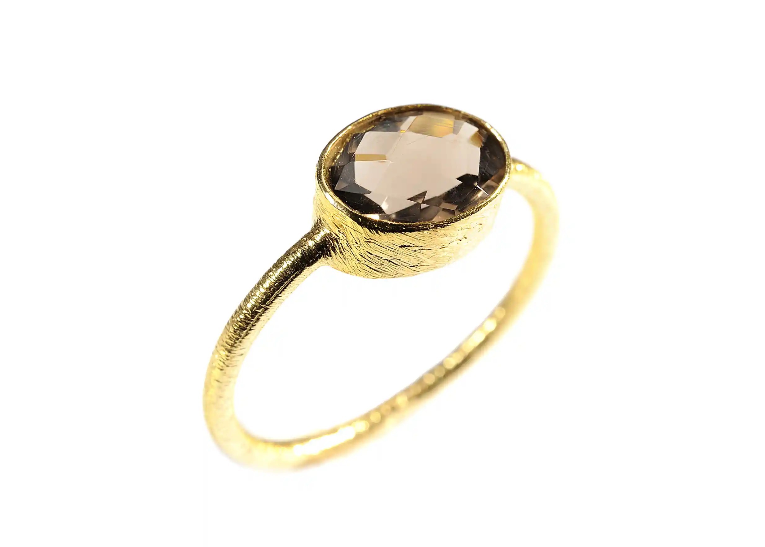 925 silver gold plated ring in gold and smoky quartz stone, on a white background