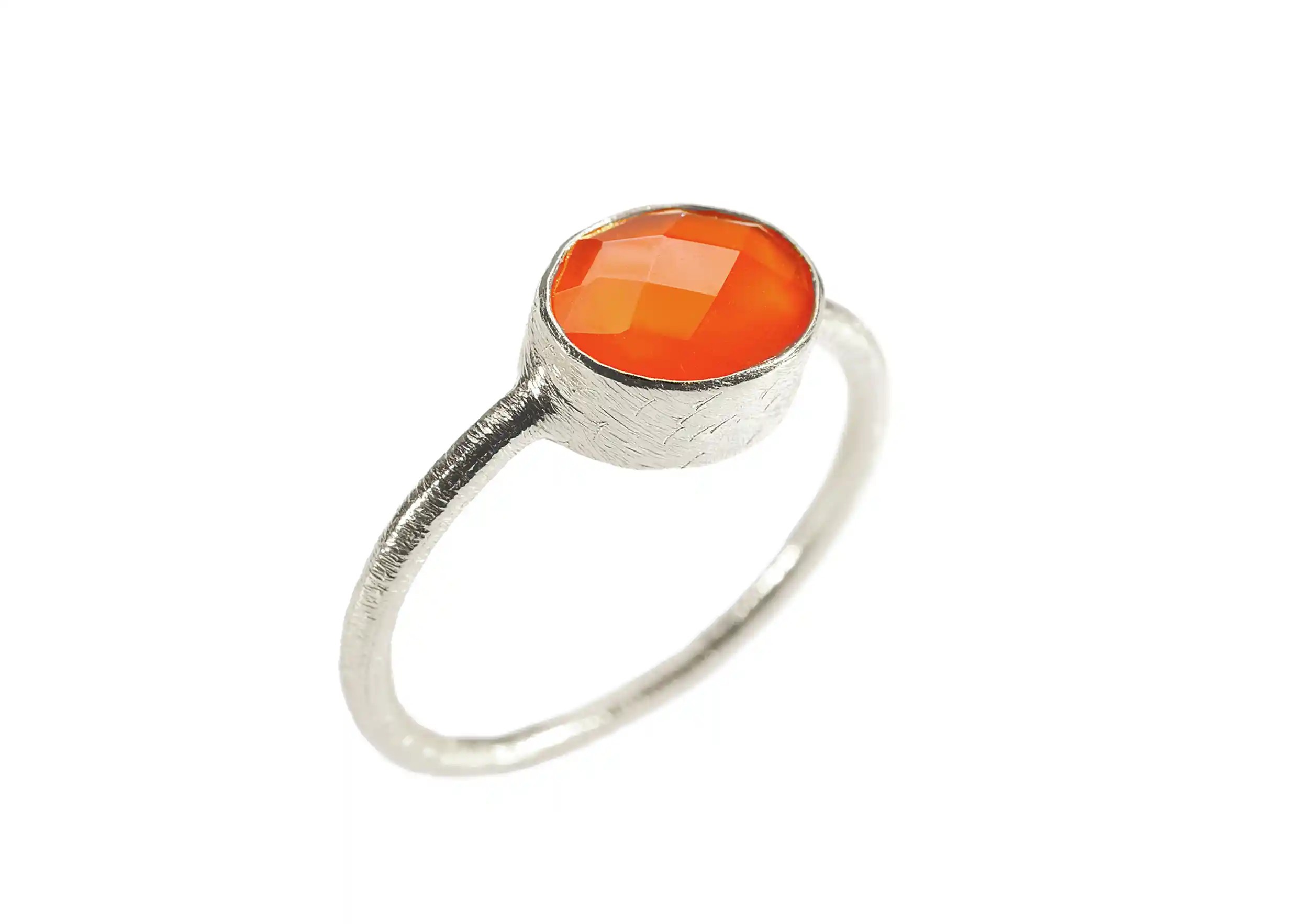 Silver and carnelian stone ‘Drop’ ring, Yamuna collection, on a white background
