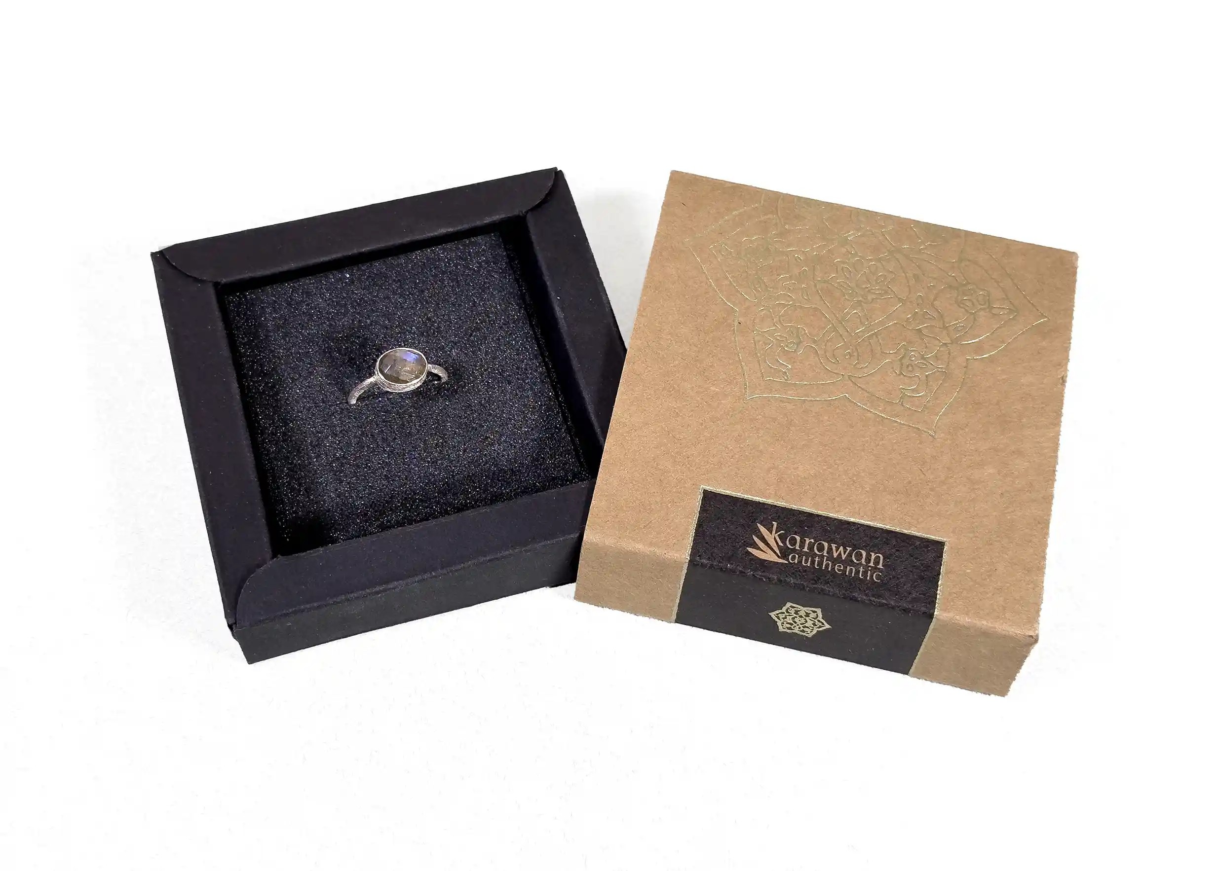 Silver and labradorite stone ‘Drop’ ring, Yamuna collection, in its gift box