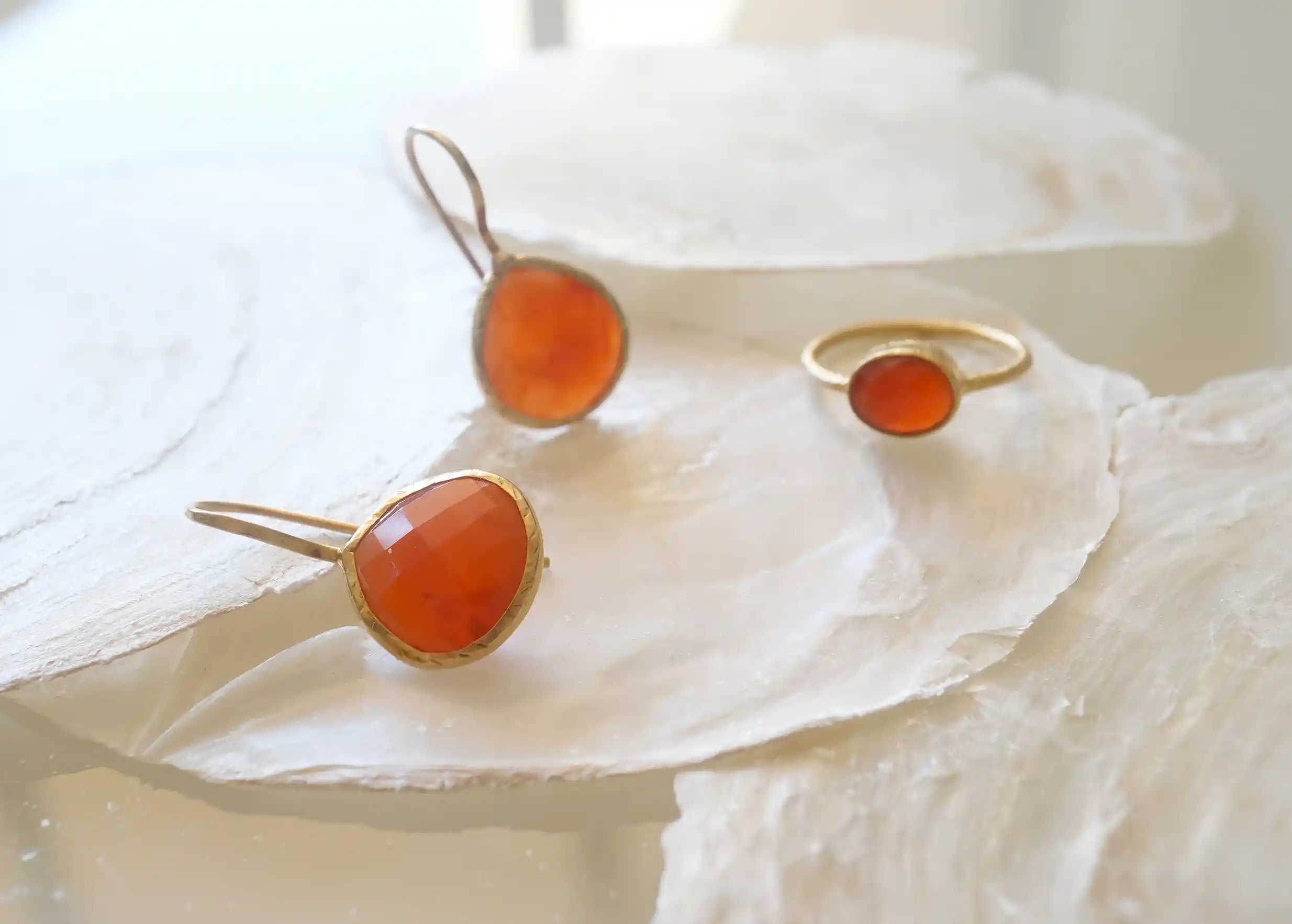 Gold and carnelian Drop earrings and ring, Yamuna collection