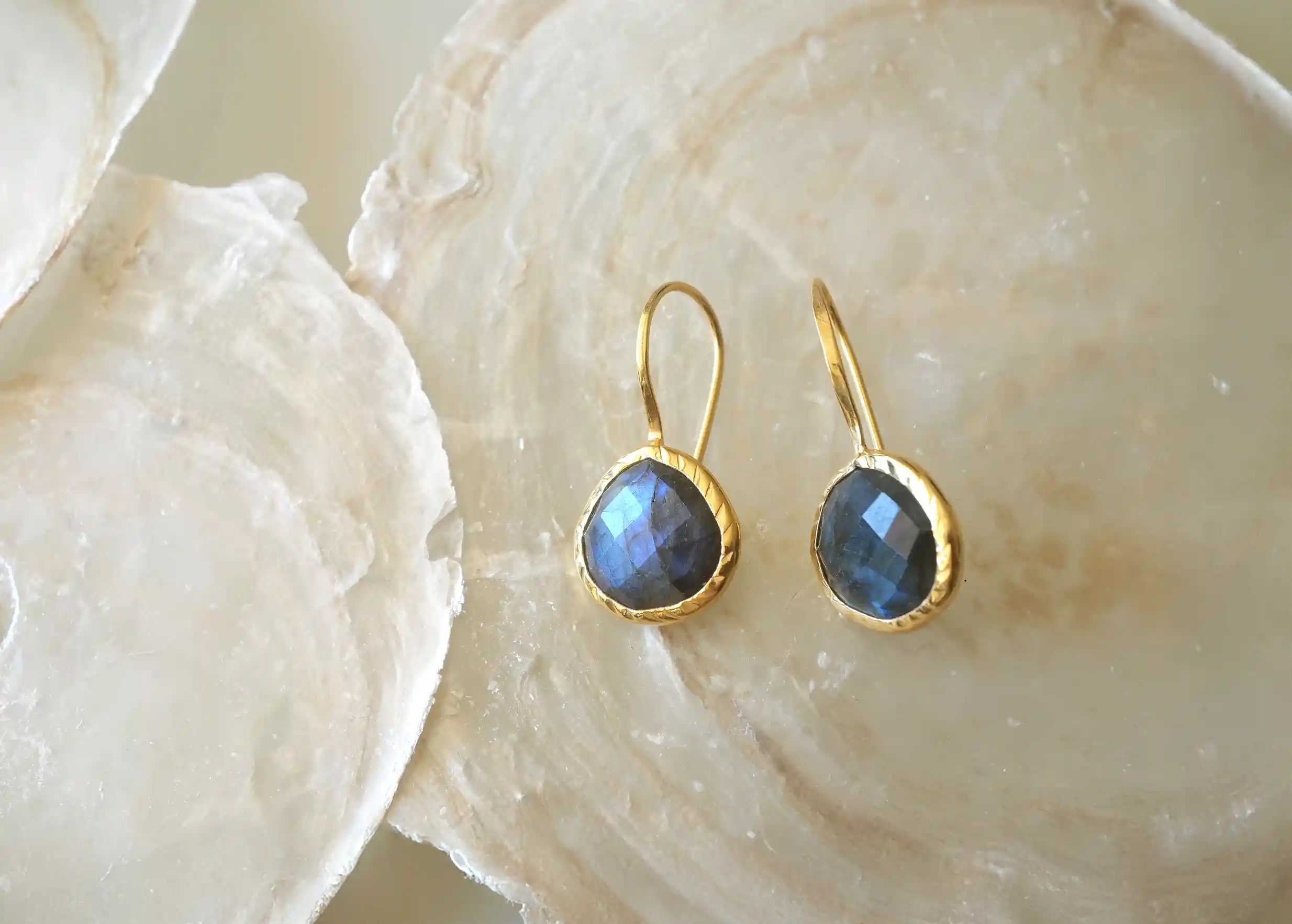 Zoom on gold-plated and 925 silver drop earrings with labradorite stone