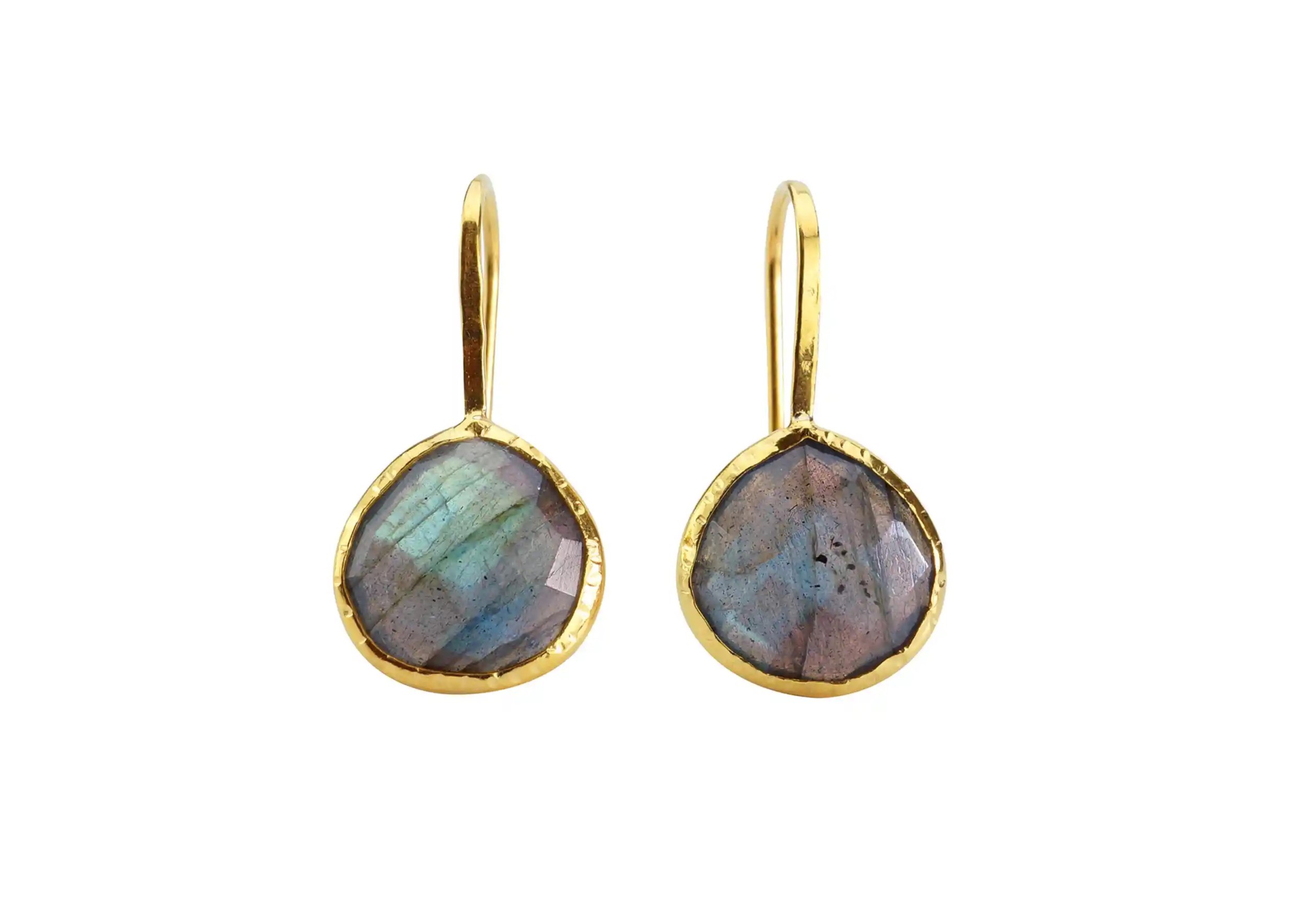 Gold-plated and 925 silver Drop earrings, Labradorite on a white background