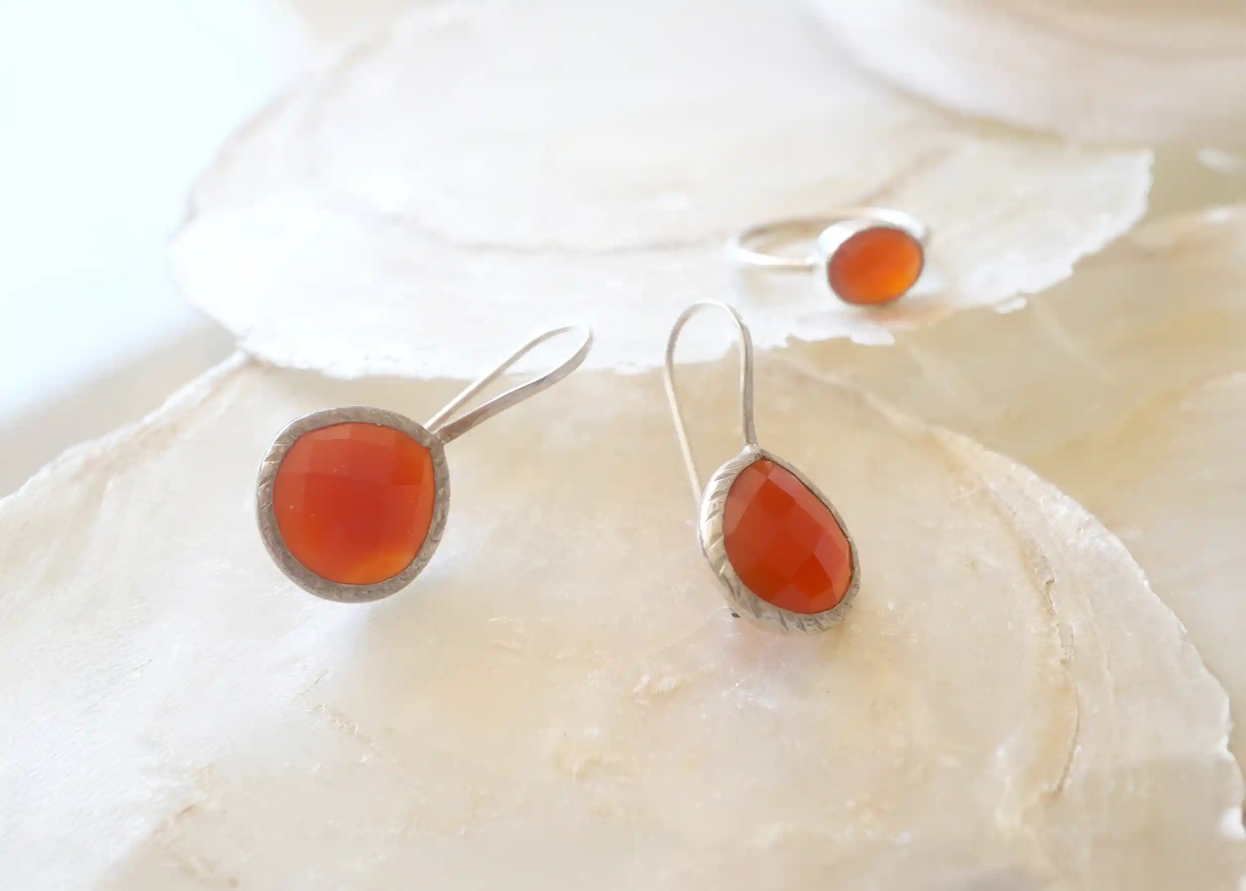 Silver and carnelian stone ‘Drop’ ring and earrings, Yamuna collection