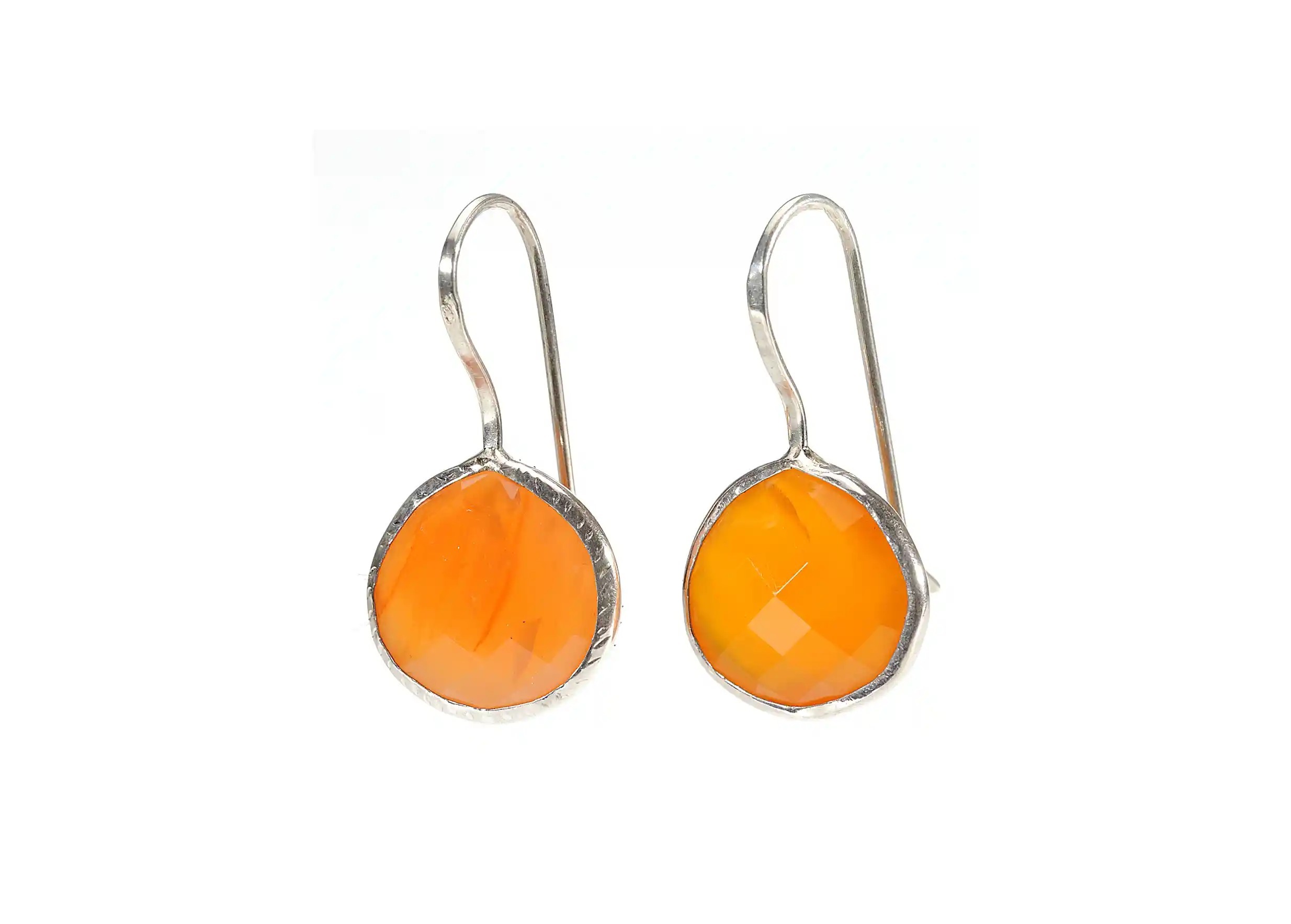 Silver and carnelian stone drop earrings, photo taken against a white background