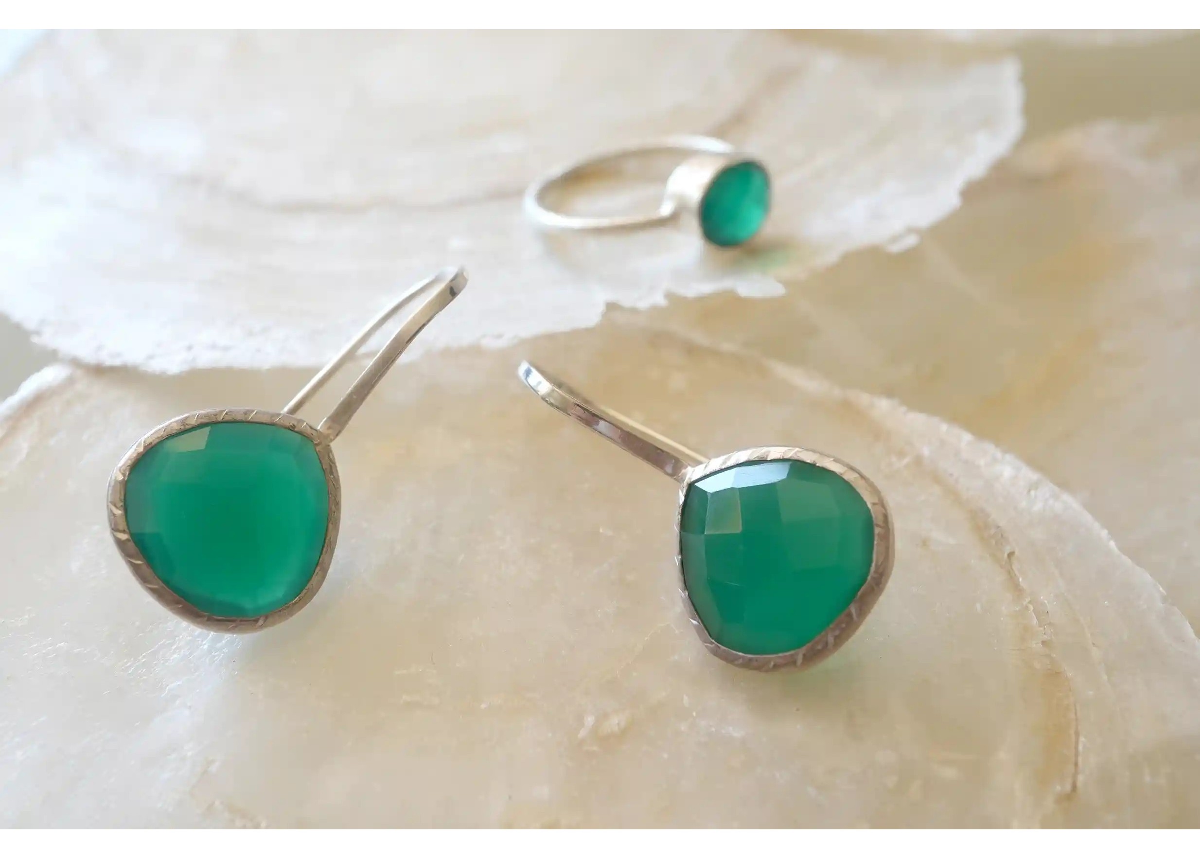 Silver and green onyx stone ‘Drop’ ring and earrings, Yamuna collection
