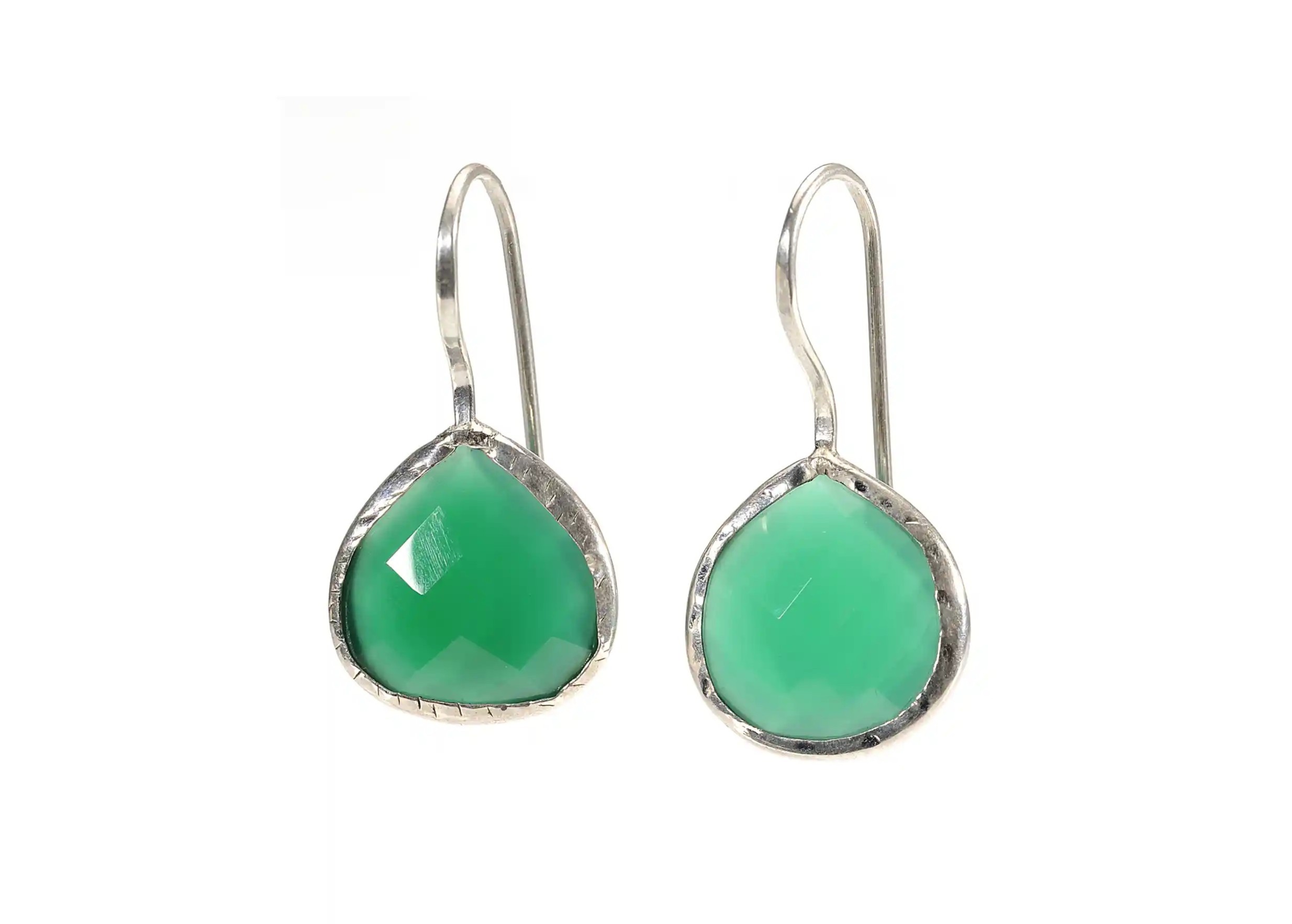 Silver and green onyx drop earrings, photo taken against a white background