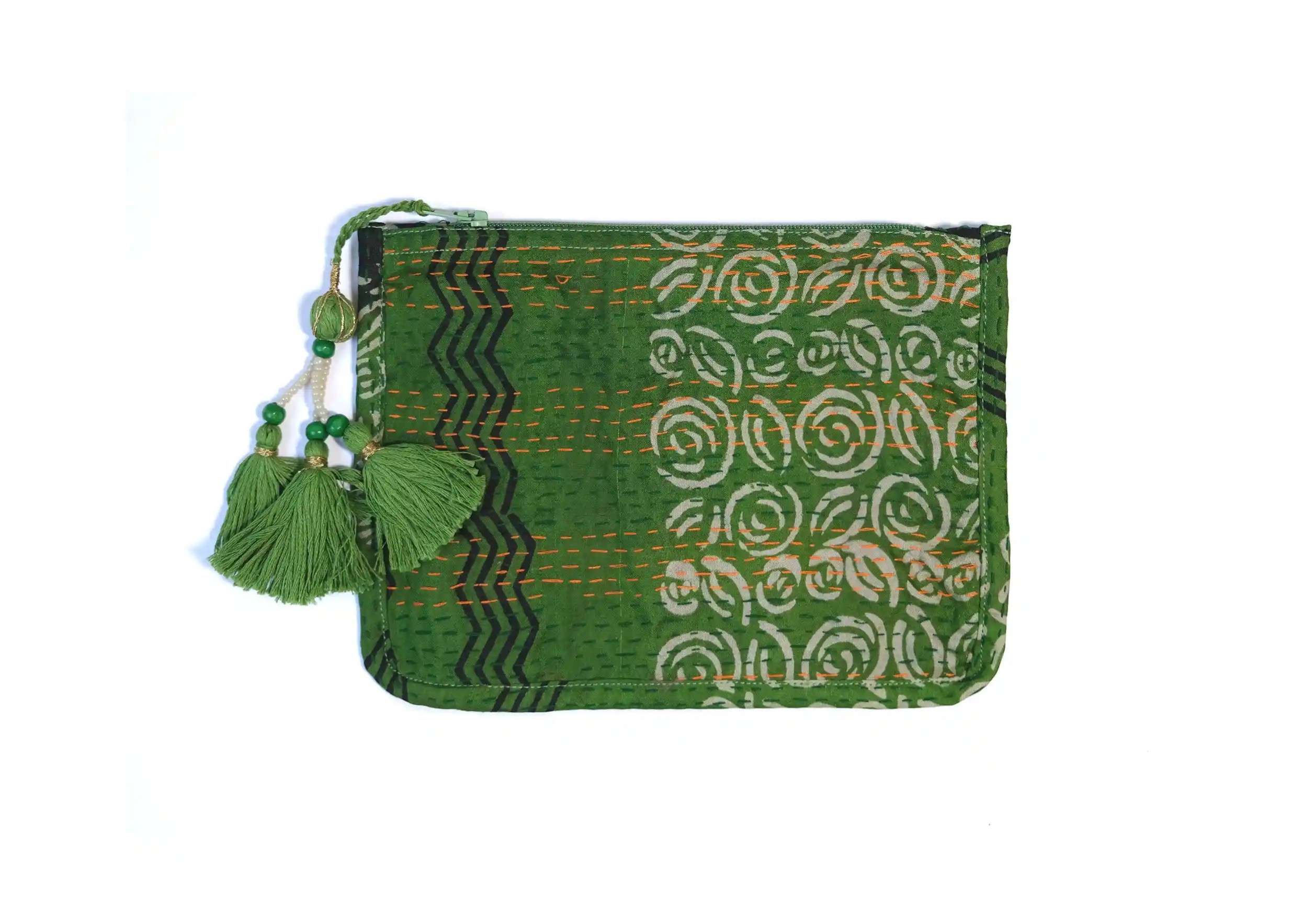 Handcrafted recycled kanta silk pouch, model no. 02, with tassel, from the Karawan Authentic brand.