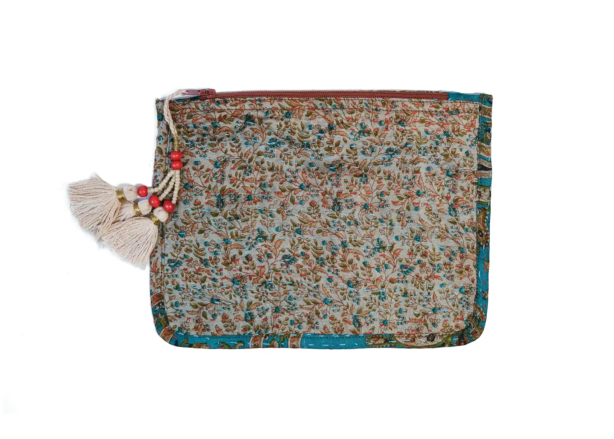 Handcrafted recycled kanta silk pouch, model no. 07, with tassel, from the Karawan Authentic brand.