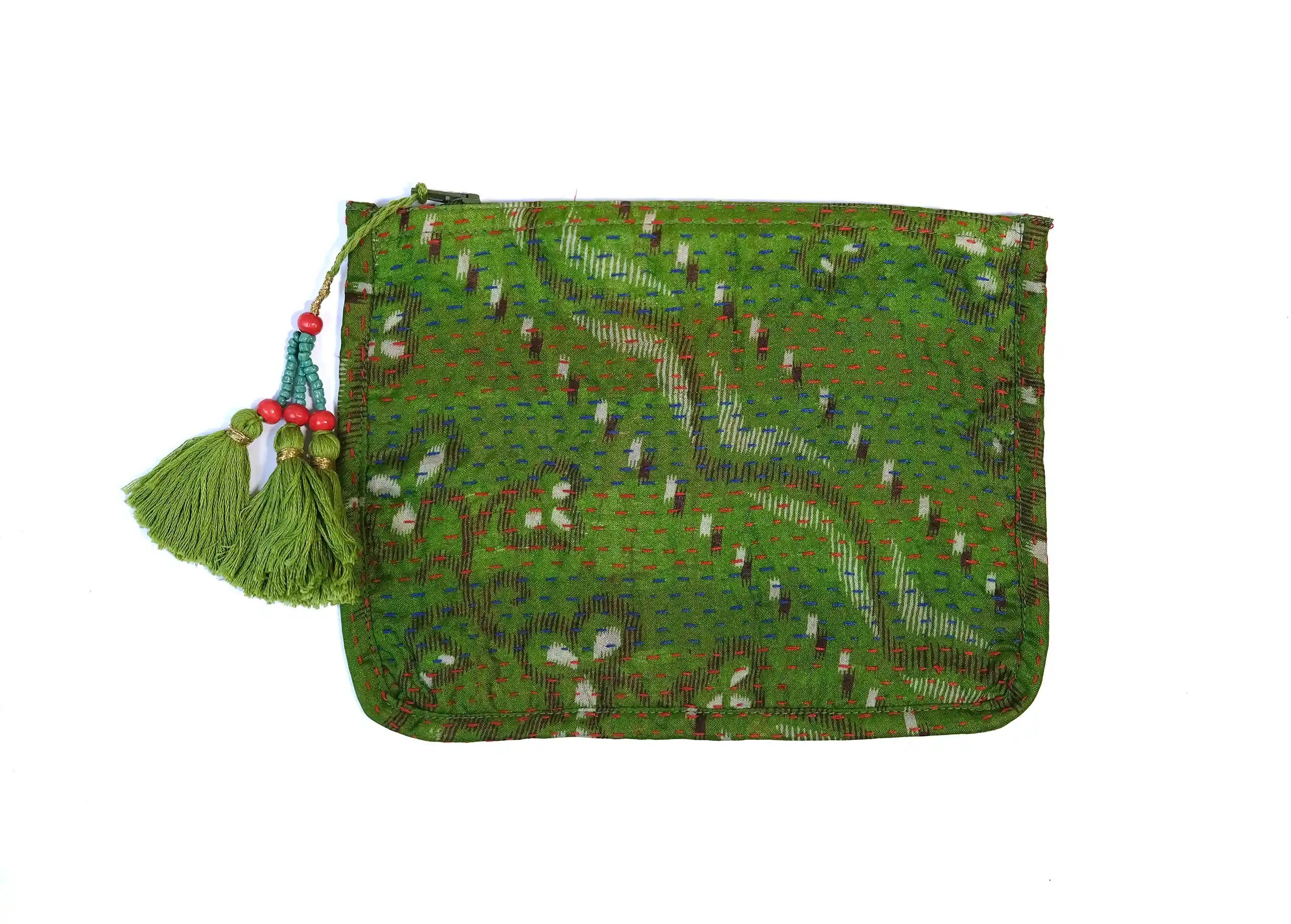 Handcrafted recycled kanta silk pouch, model no. 08, with tassel, photo taken against a white background