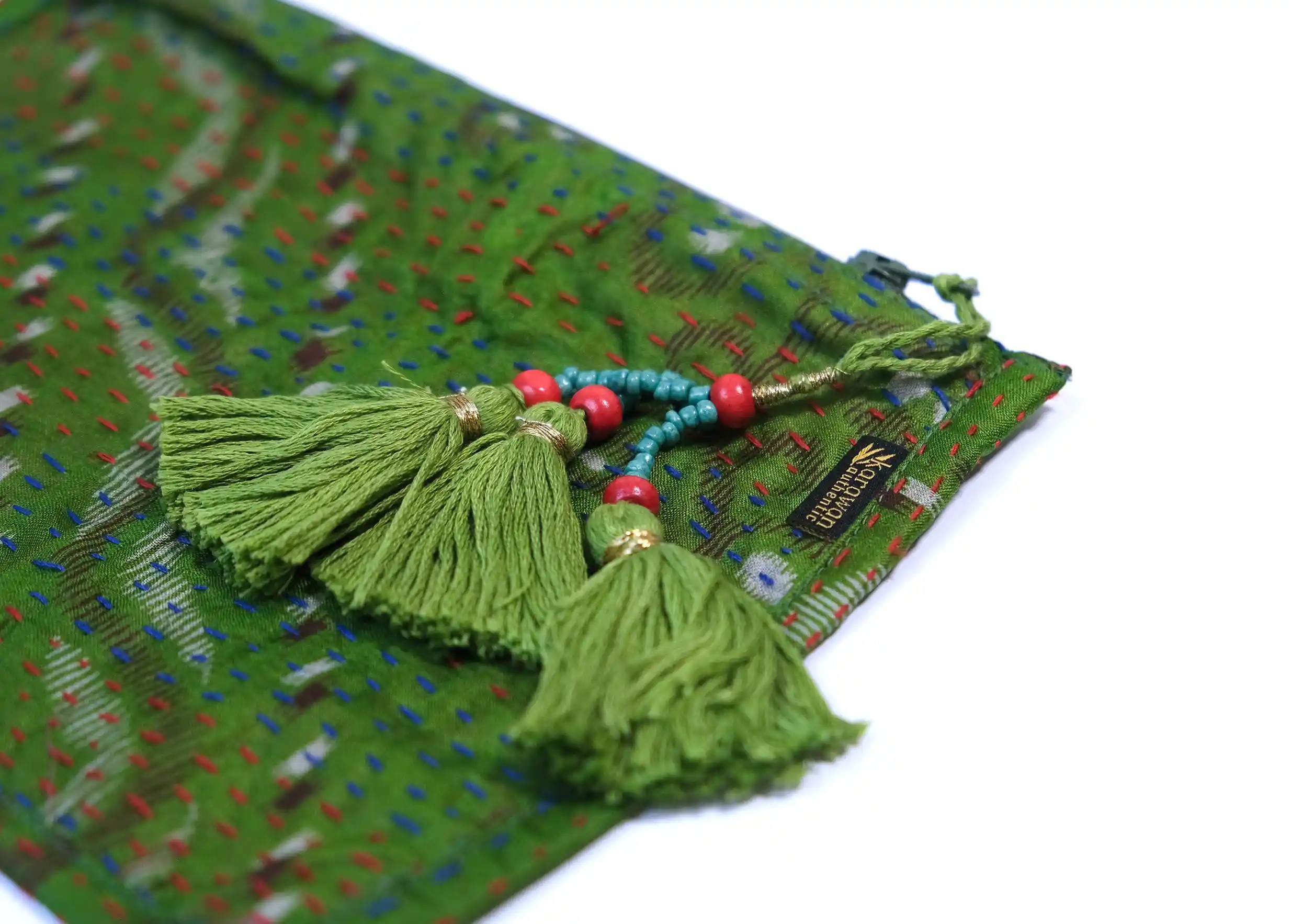 Focus on the details of the handmade recycled kanta silk pouch, model no. 08