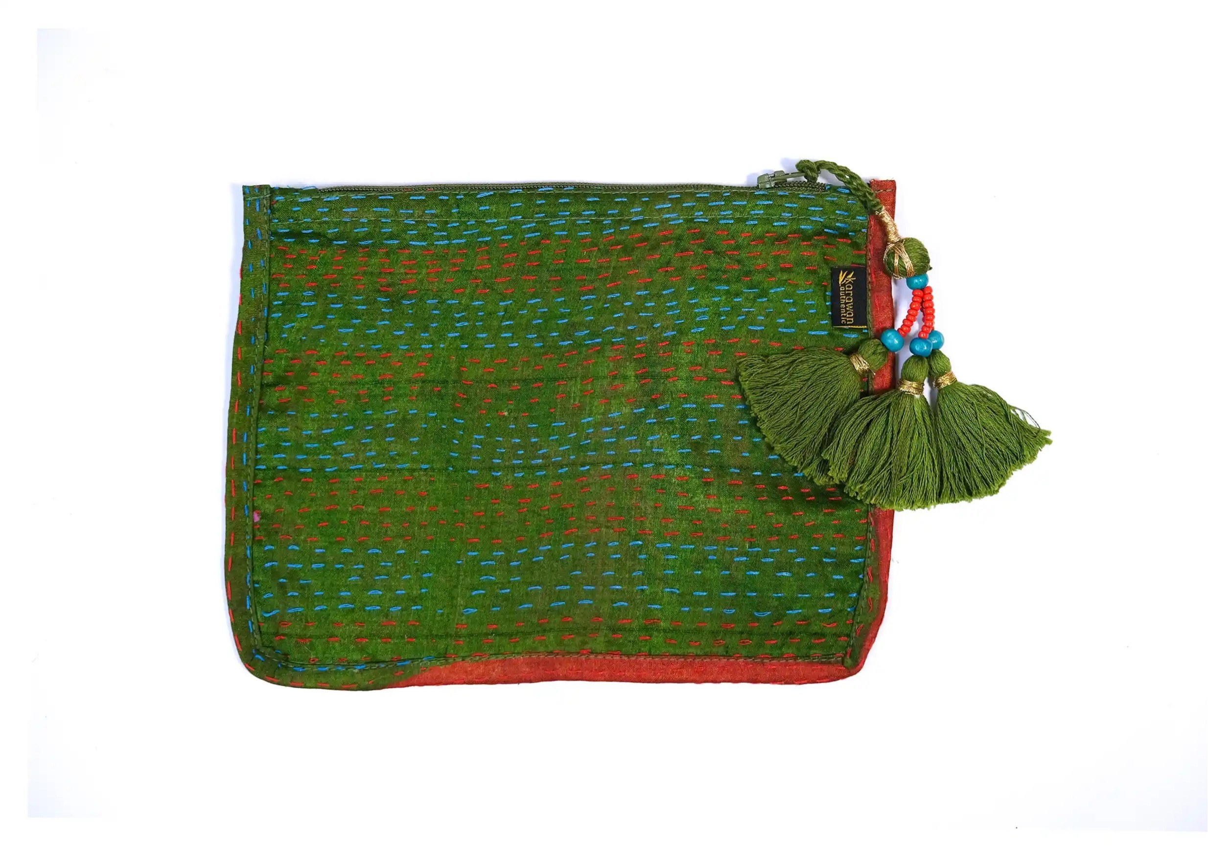 Handcrafted clutch bag made from recycled kanta silk, model no. 10, with tassel