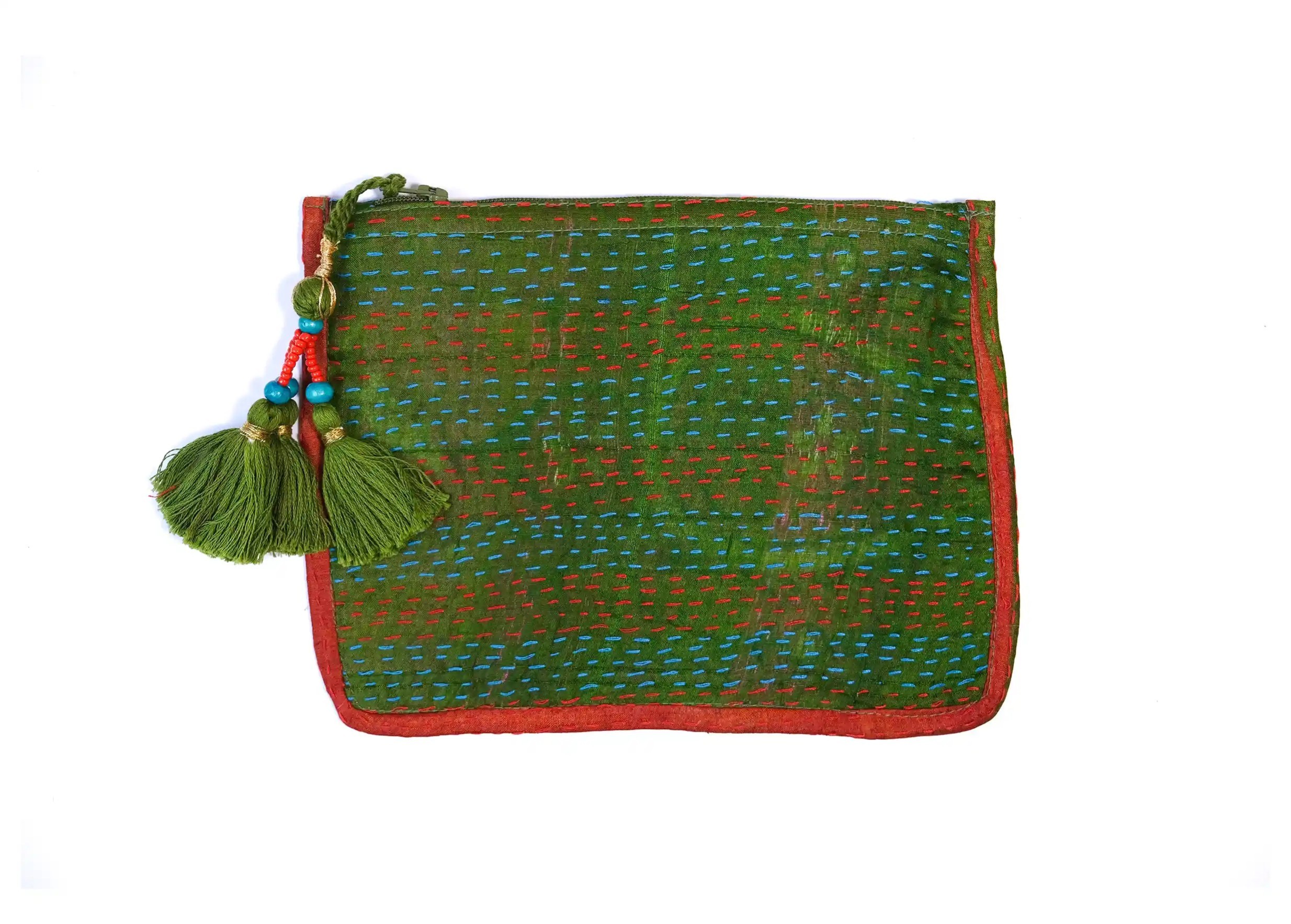 Handcrafted recycled kanta silk pouch, model no. 10, with tassel, from the Karawan Authentic brand.