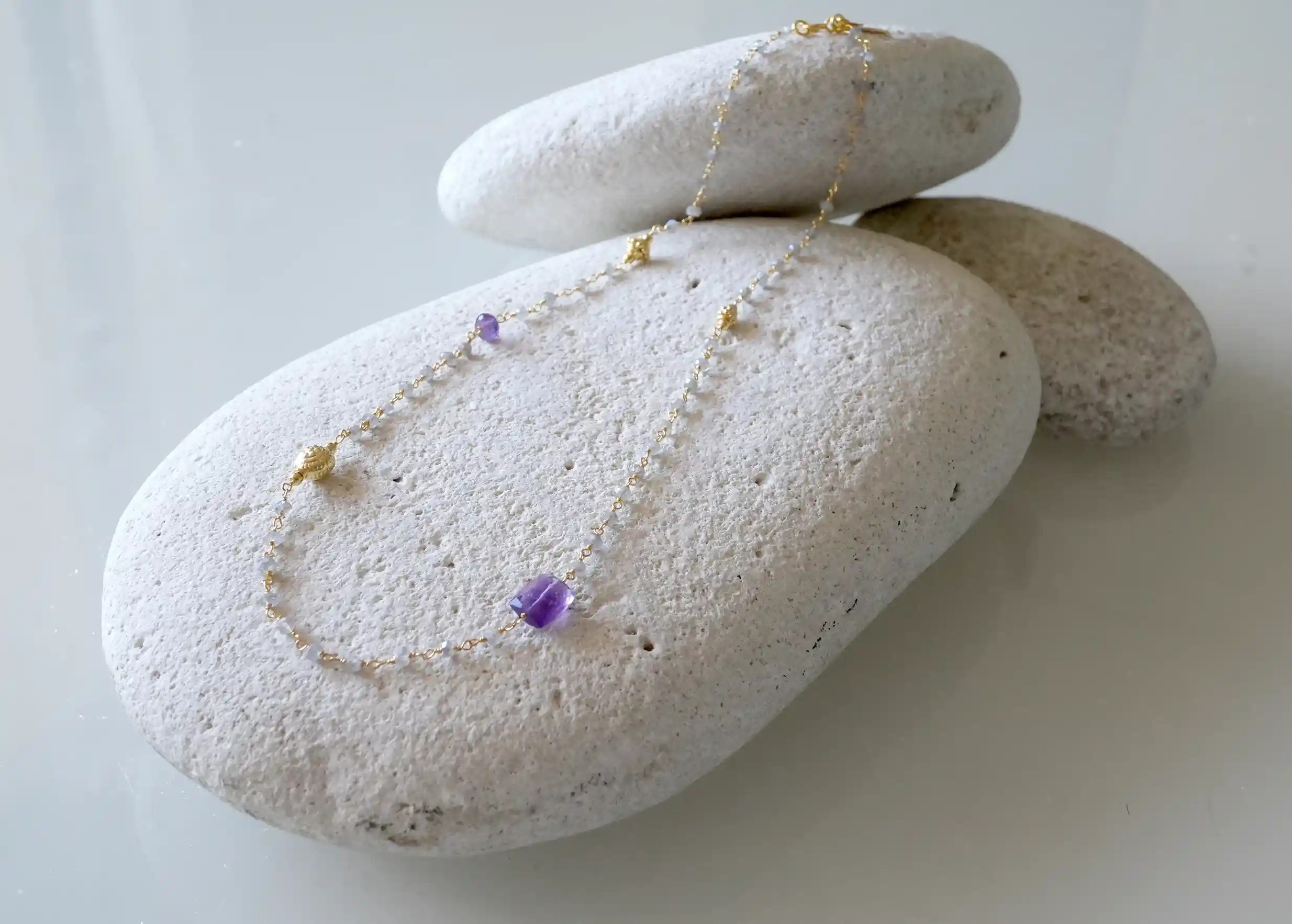 ‘Ani’ gold-plated necklace with amethyst and labradorite stones, from the Karawan Authentic brand