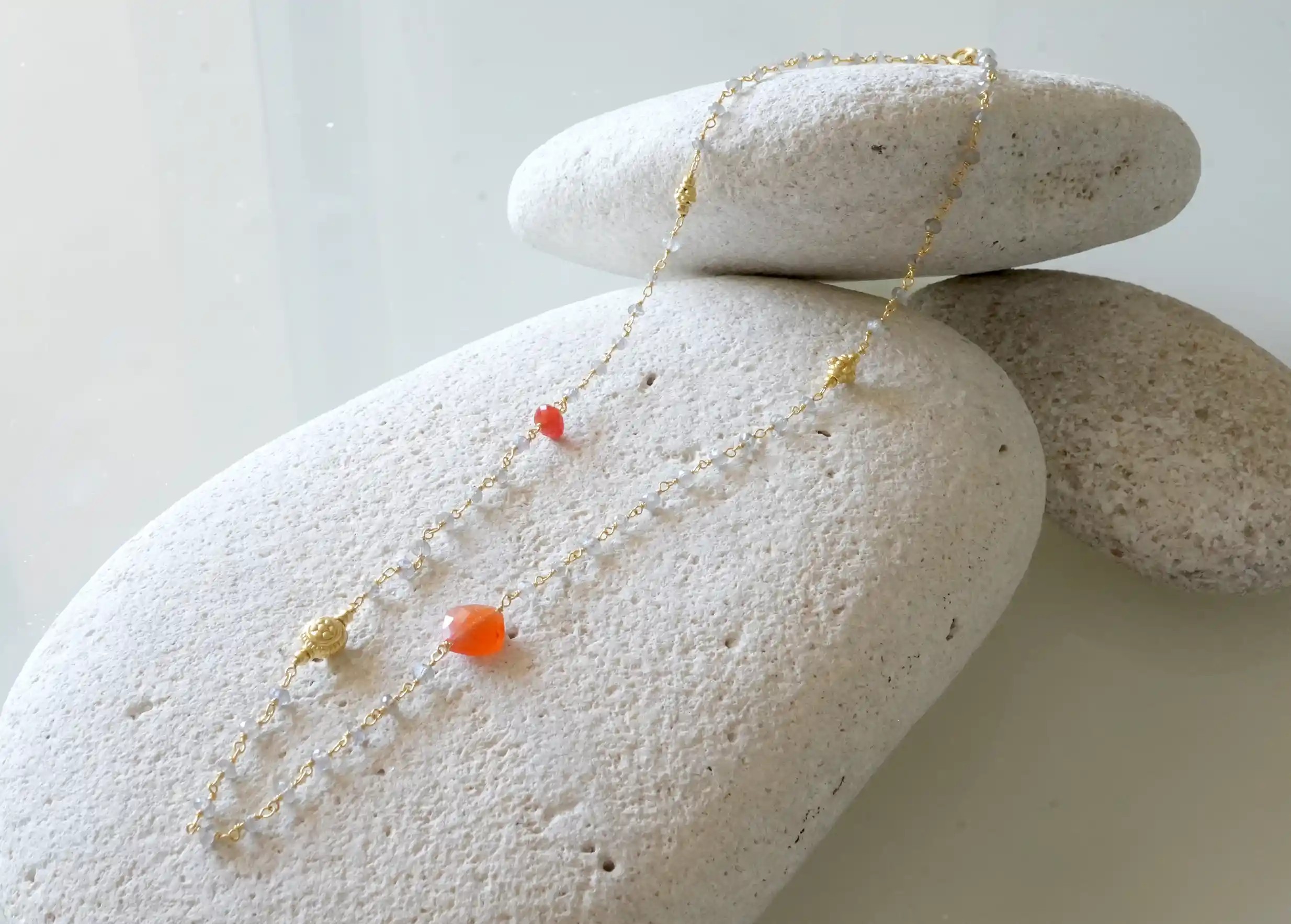‘Ani’ gold-plated necklace with carnelian and labradorite stones, from the Karawan Authentic brand