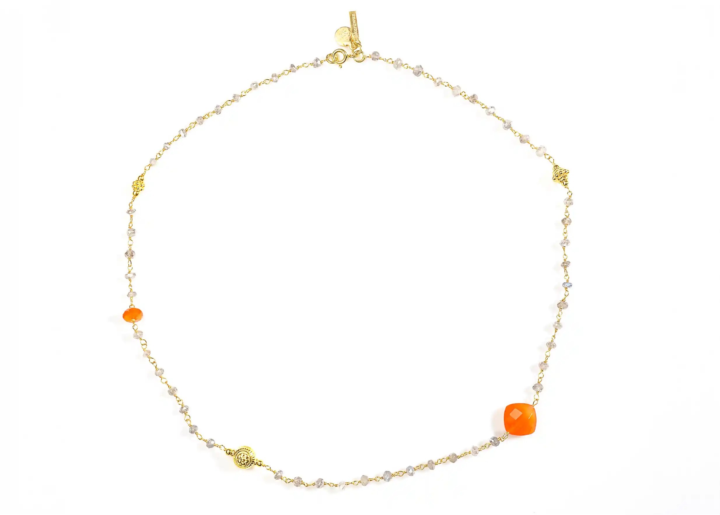 ‘Ani’ gold-plated necklace with carnelian and labradorite stones, photo taken against a white background