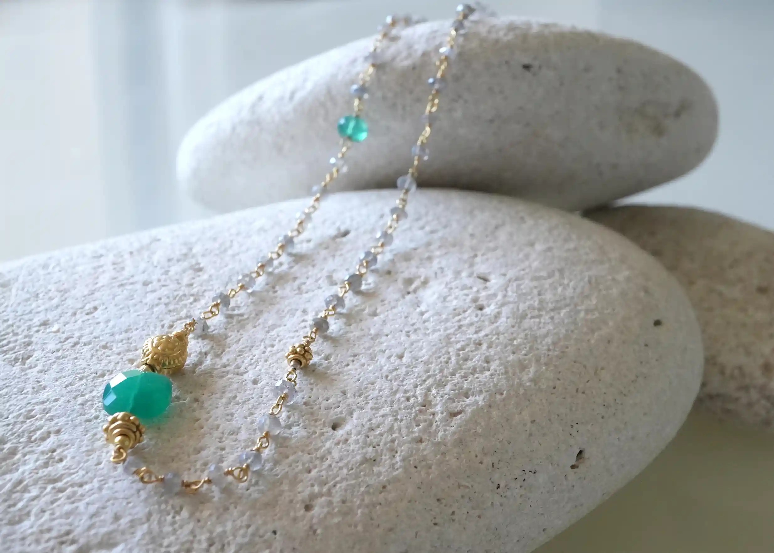 ‘Ani’ gold-plated necklace with green onyx and labradorite stones, from the Karawan Authentic brand.