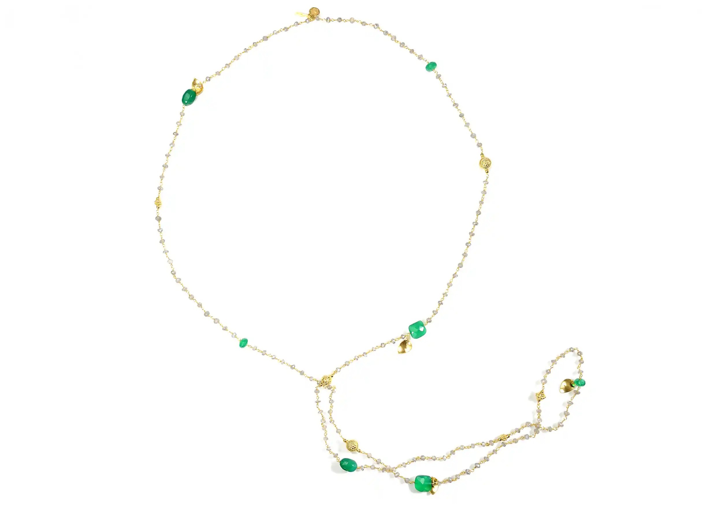 ‘Ani’ gold-plated necklace with green onyx and labradorite stones on a white background