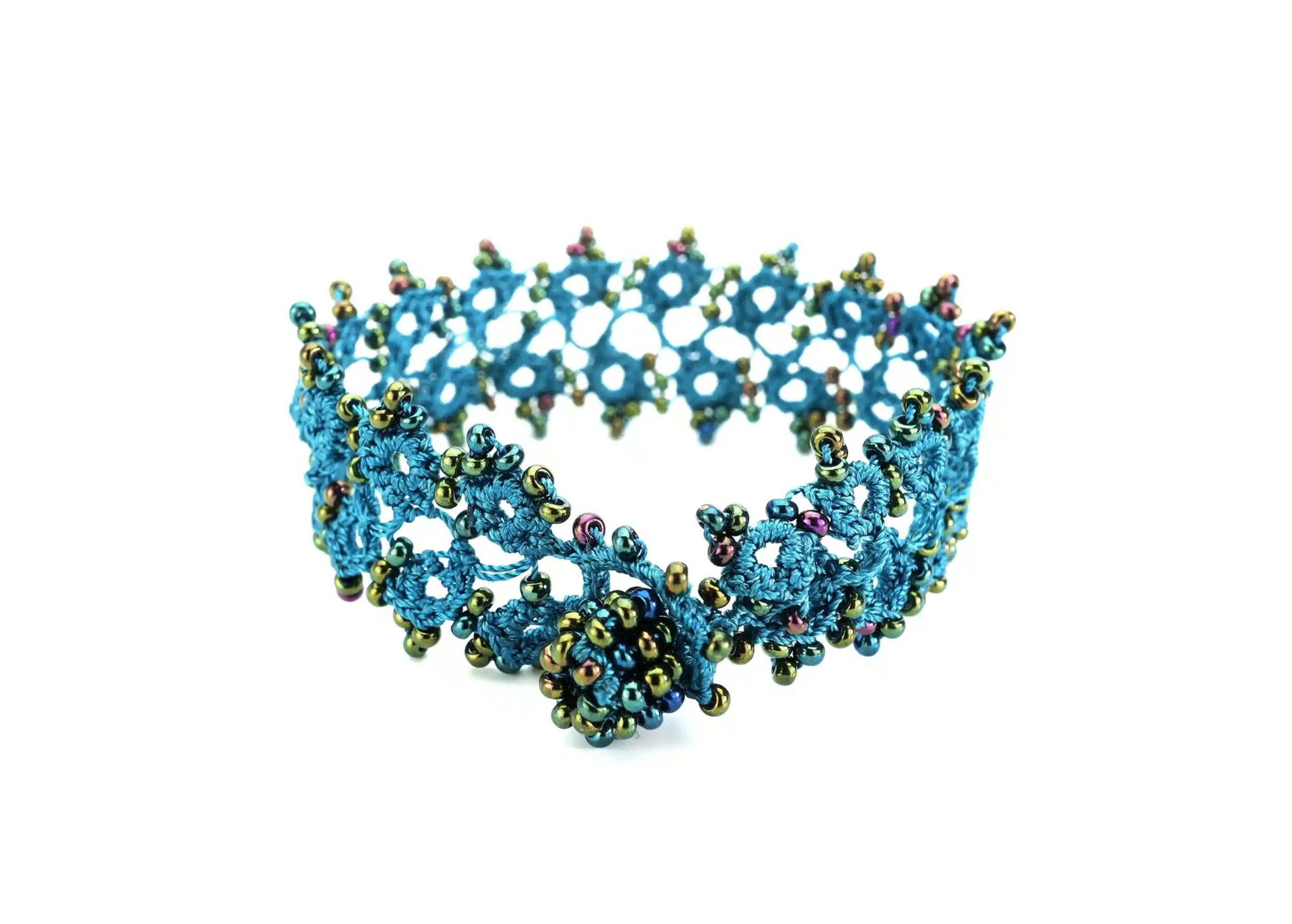 Oya lace bracelet from the Husnu range, Lagoon colour, with sparkling pearls