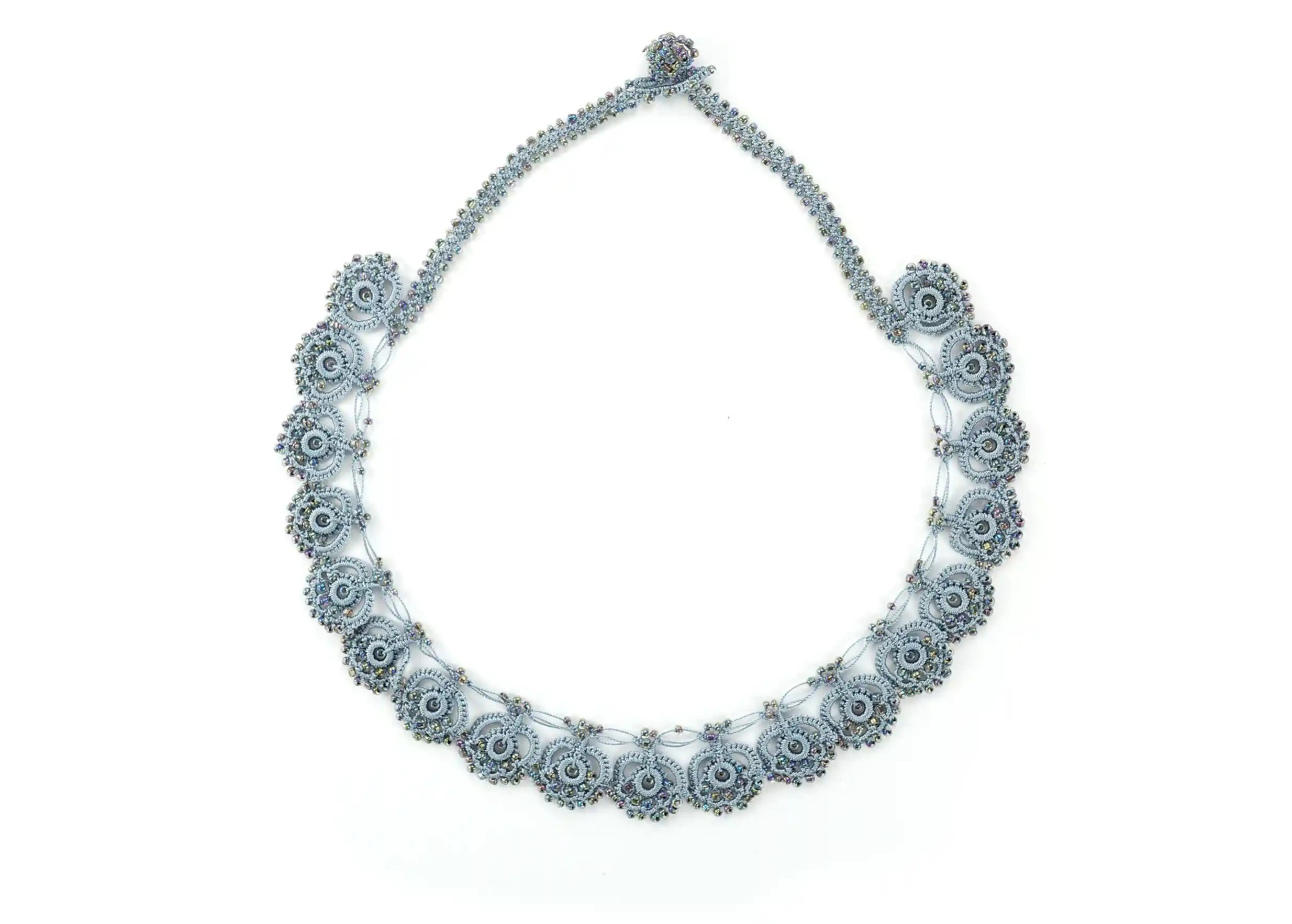 Pearl grey Eda lace necklace with sparkling pearl motifs, by Karawan