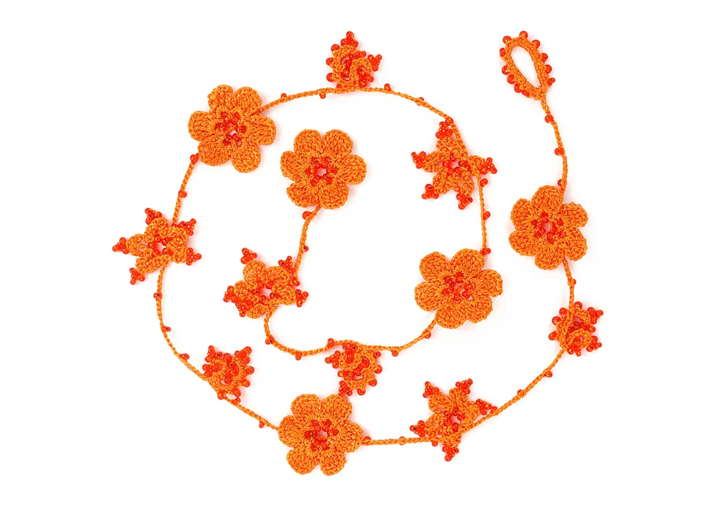 Papaya-coloured Crystal lace choker on a white background