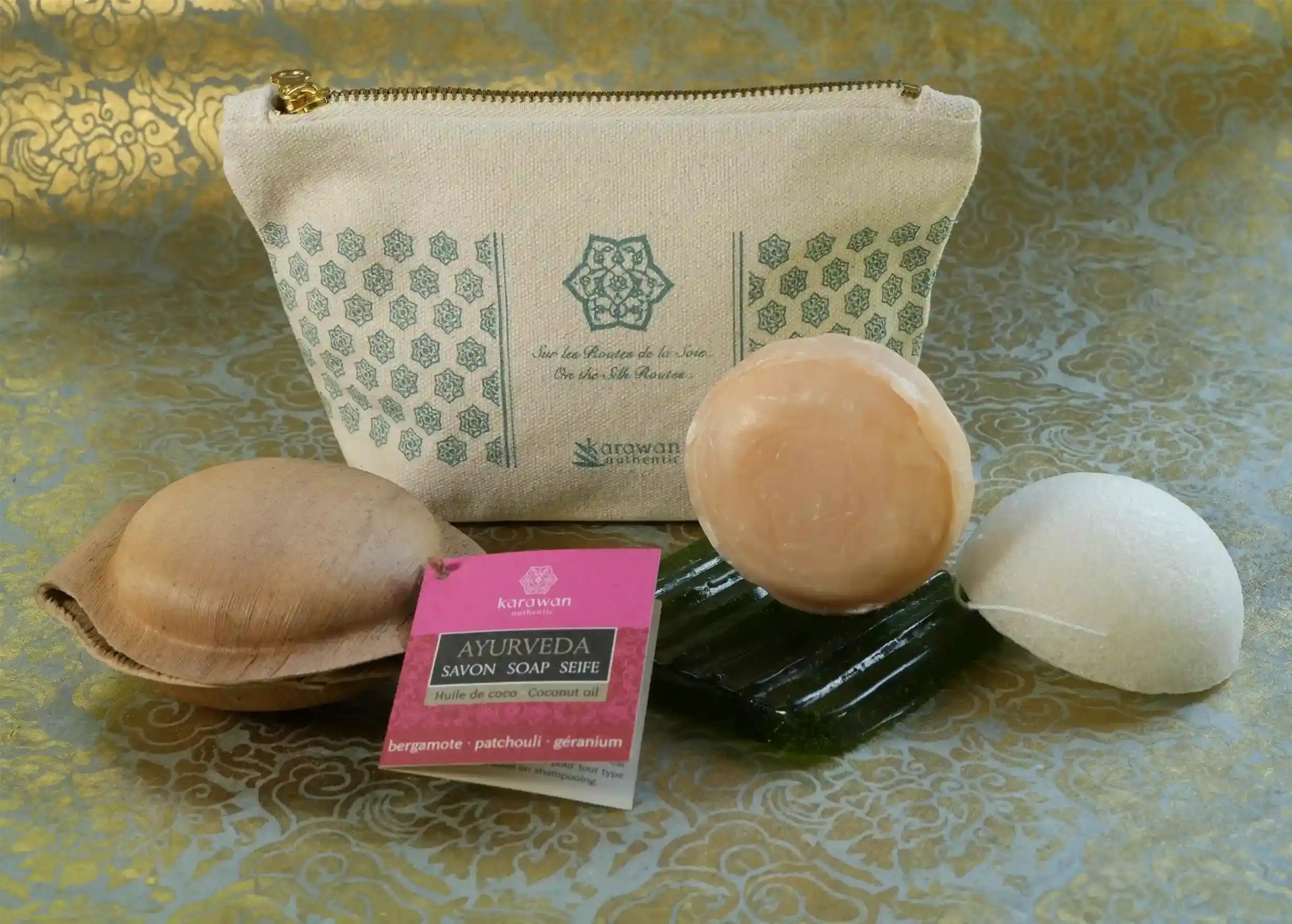Karawan cotton toilet bag, ayurvedic soap case with cardboard label, round soap and konjac sponge