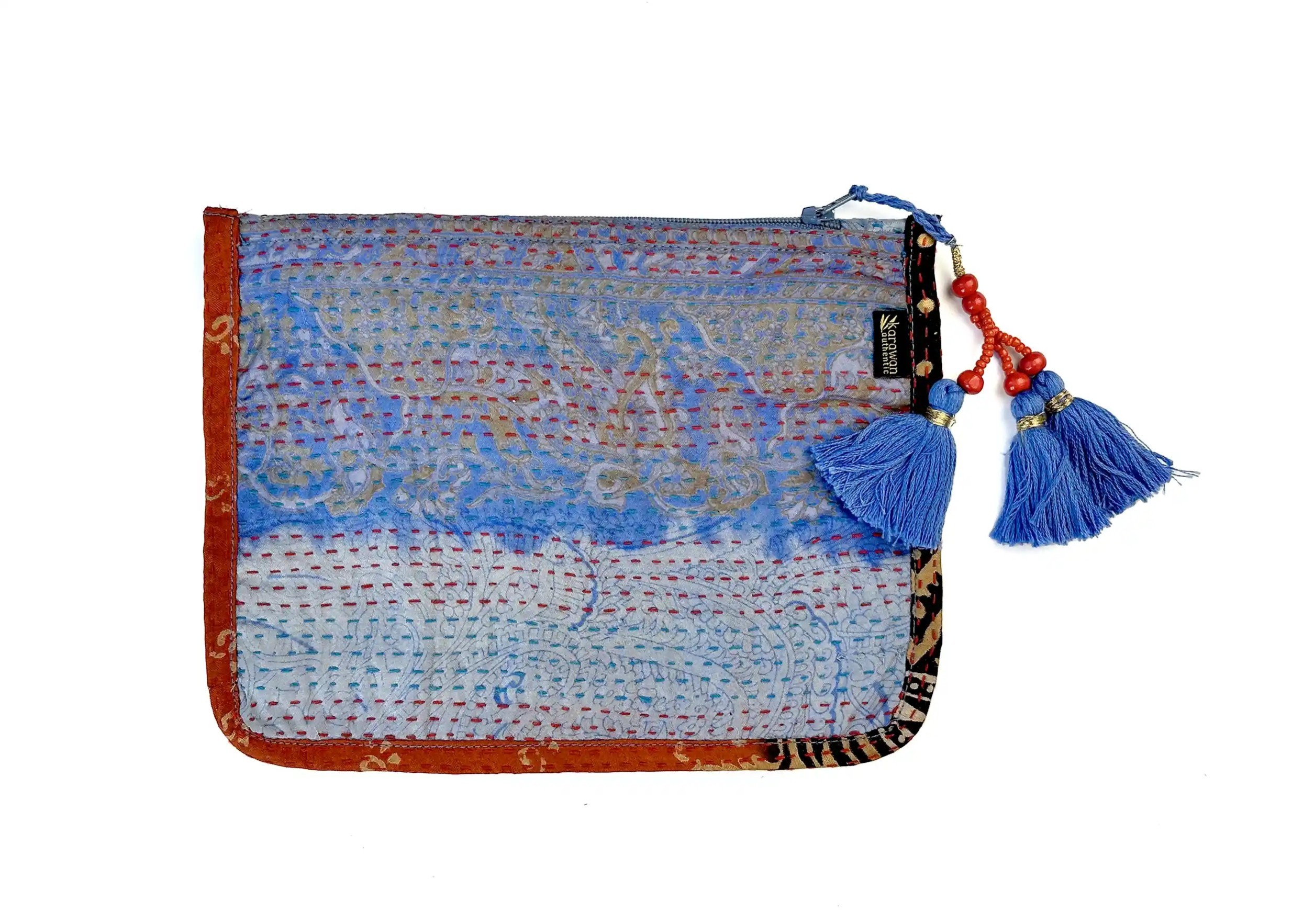 Handcrafted recycled kanta silk pouch, model no. 03, with tassel, from the Karawan Authentic brand.
