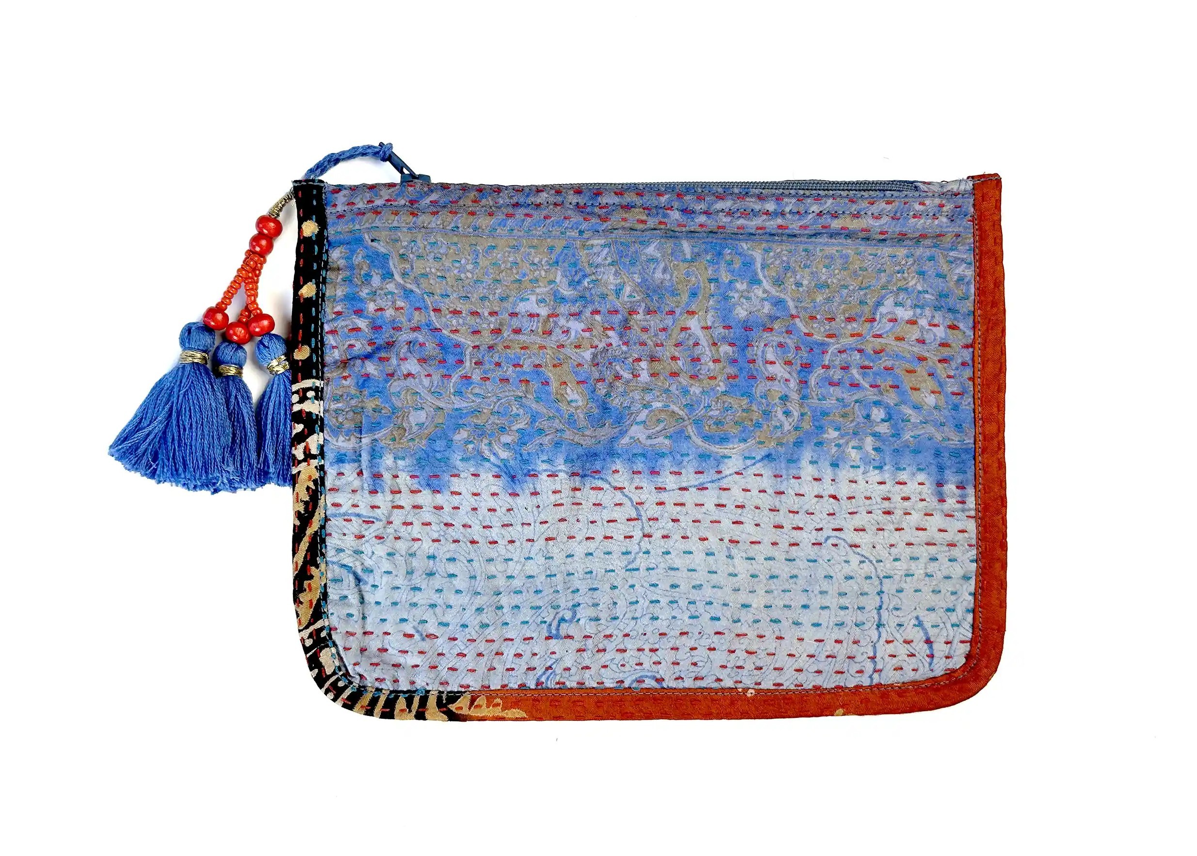 Handcrafted recycled kanta silk pouch, model no. 03, with tassel, photo taken against a white background