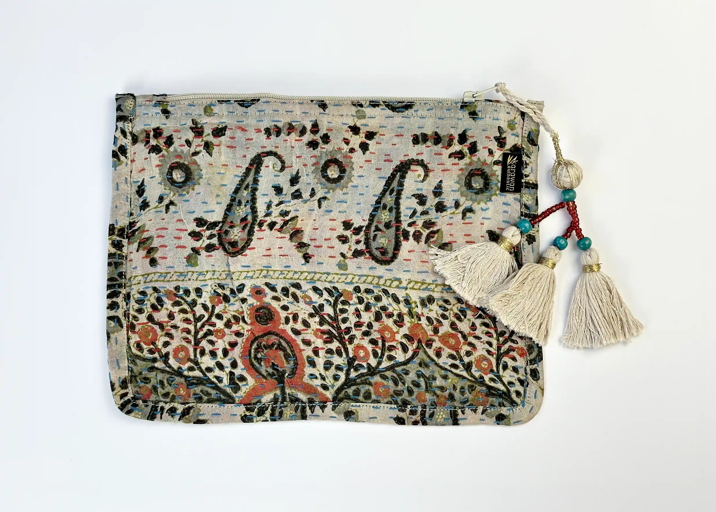 Handcrafted recycled kanta silk pouch, model no. 05, with tassel, from the Karawan Authentic brand.