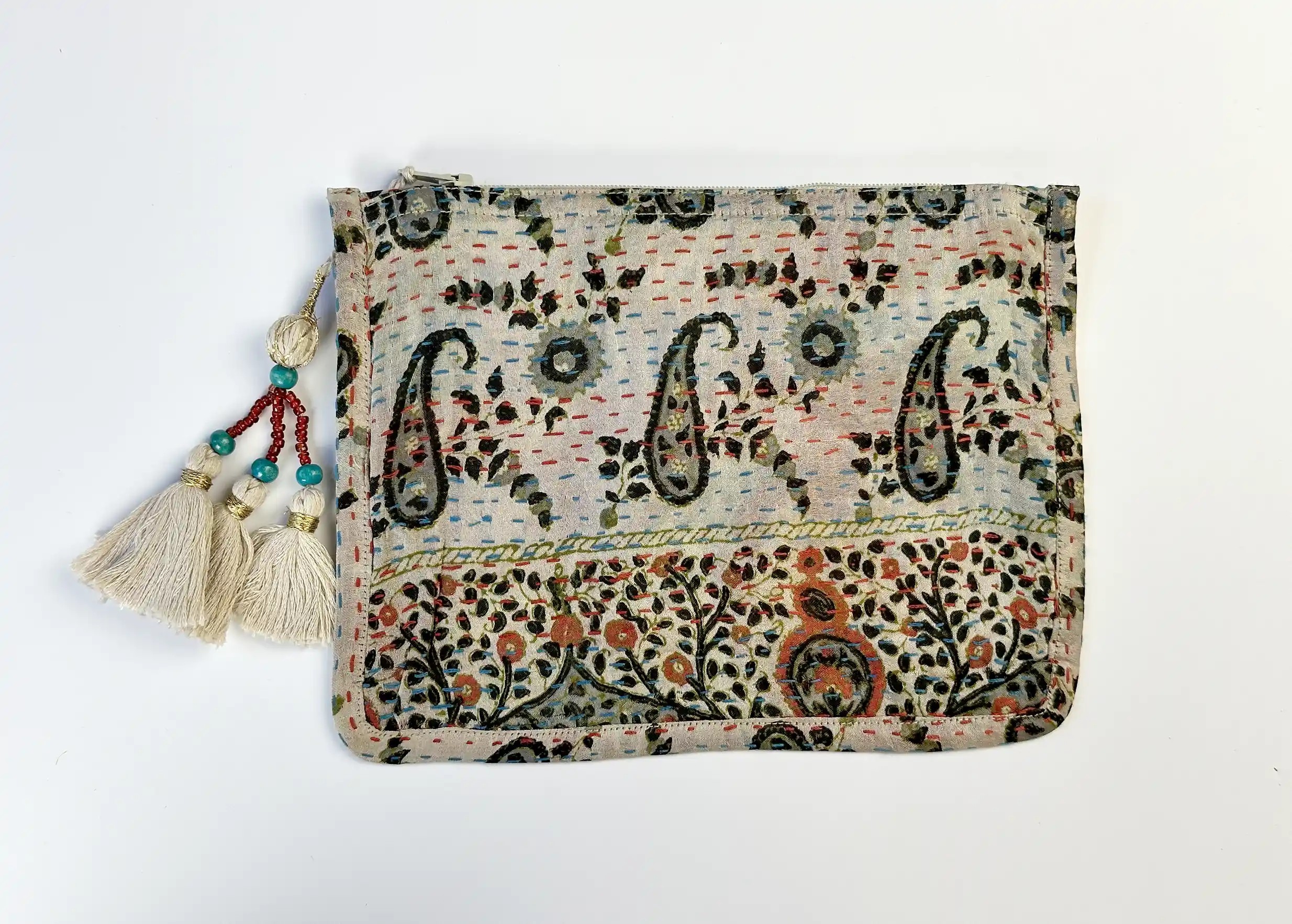 Handcrafted recycled kanta silk pouch, model no. 05, with tassel, photo taken against a white background