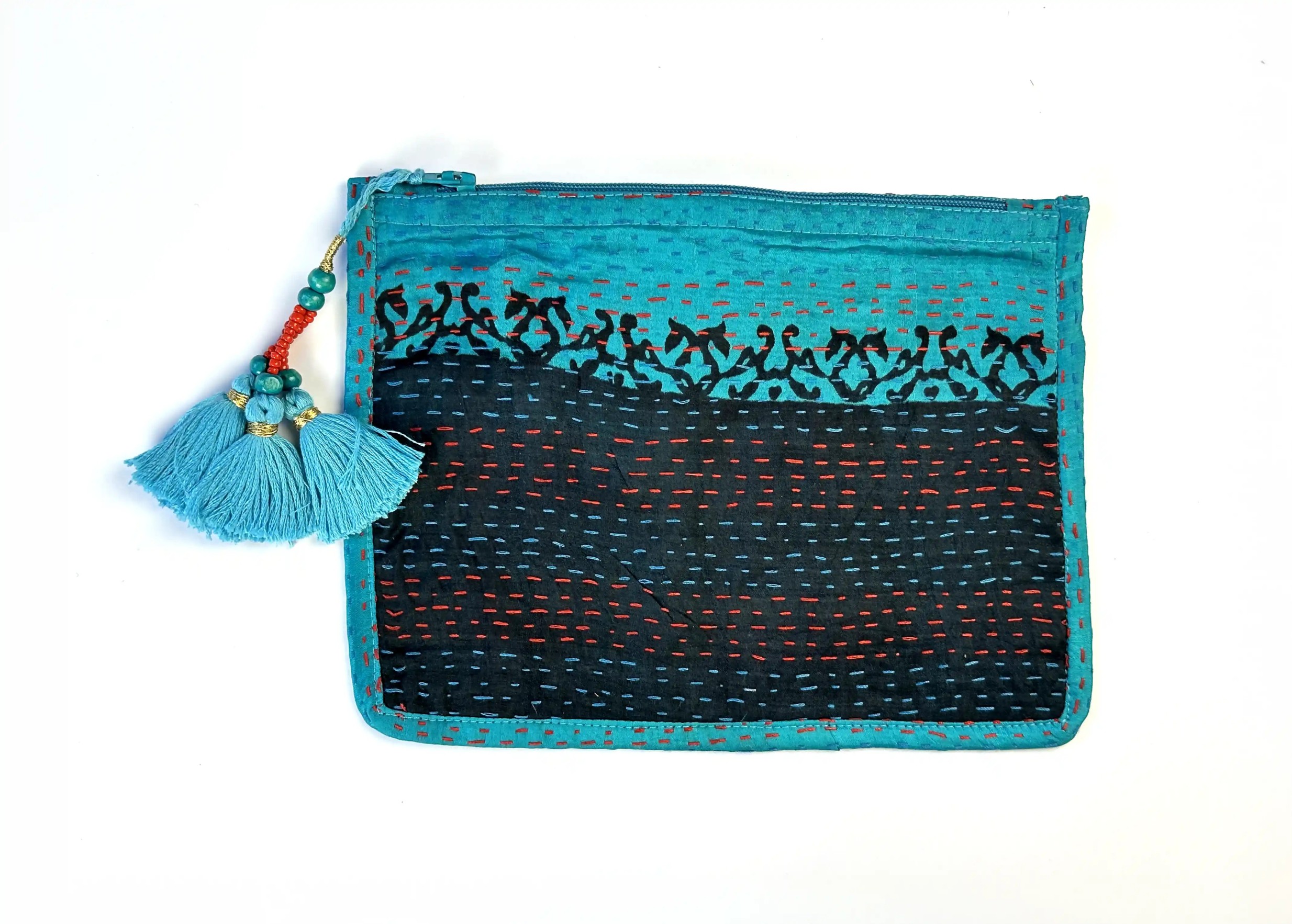 Handcrafted recycled kanta silk pouch, model no. 09, from the Karawan Authentic brand.