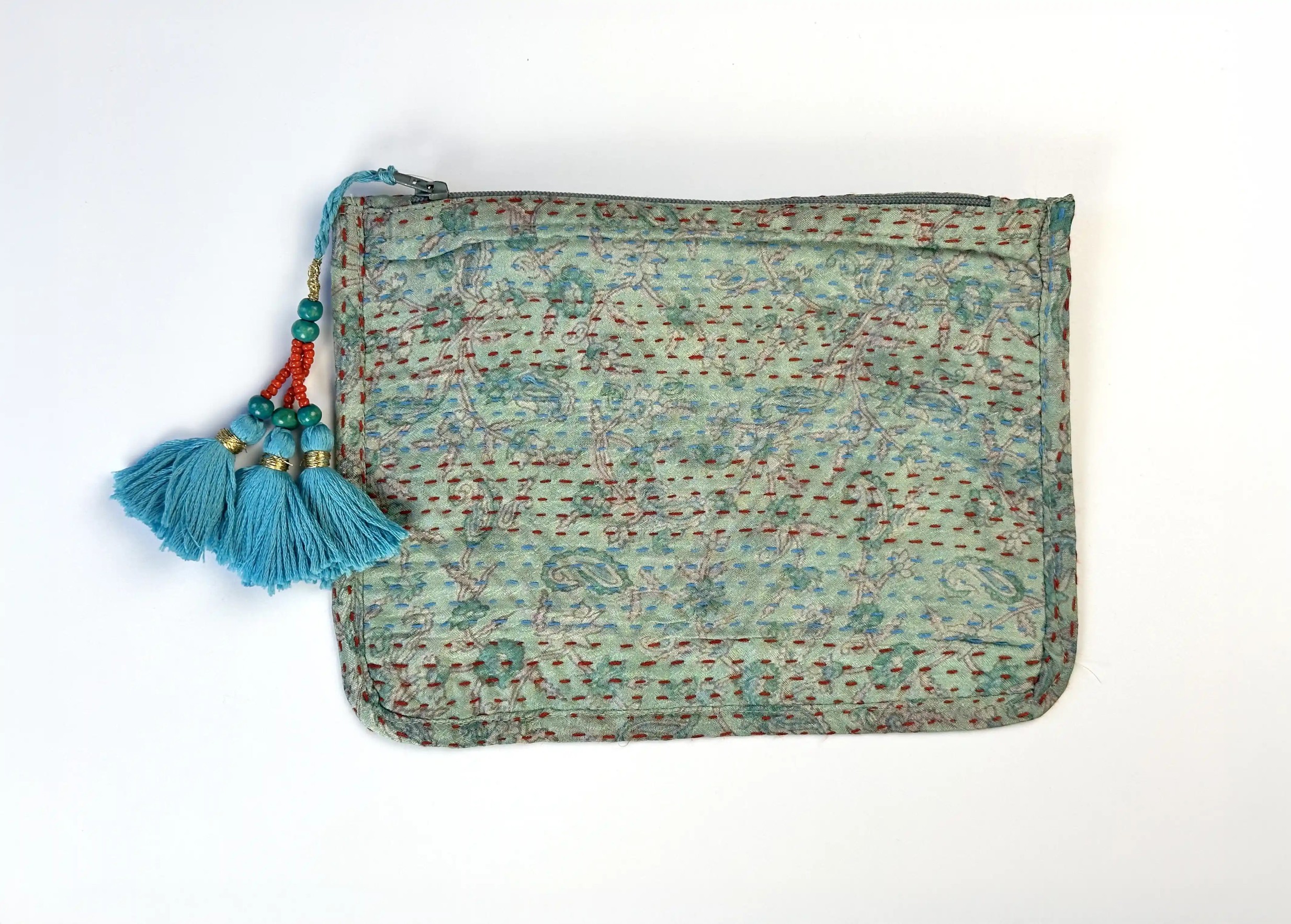 Handcrafted recycled kanta silk pouch, model no. 11, from the Karawan Authentic brand.