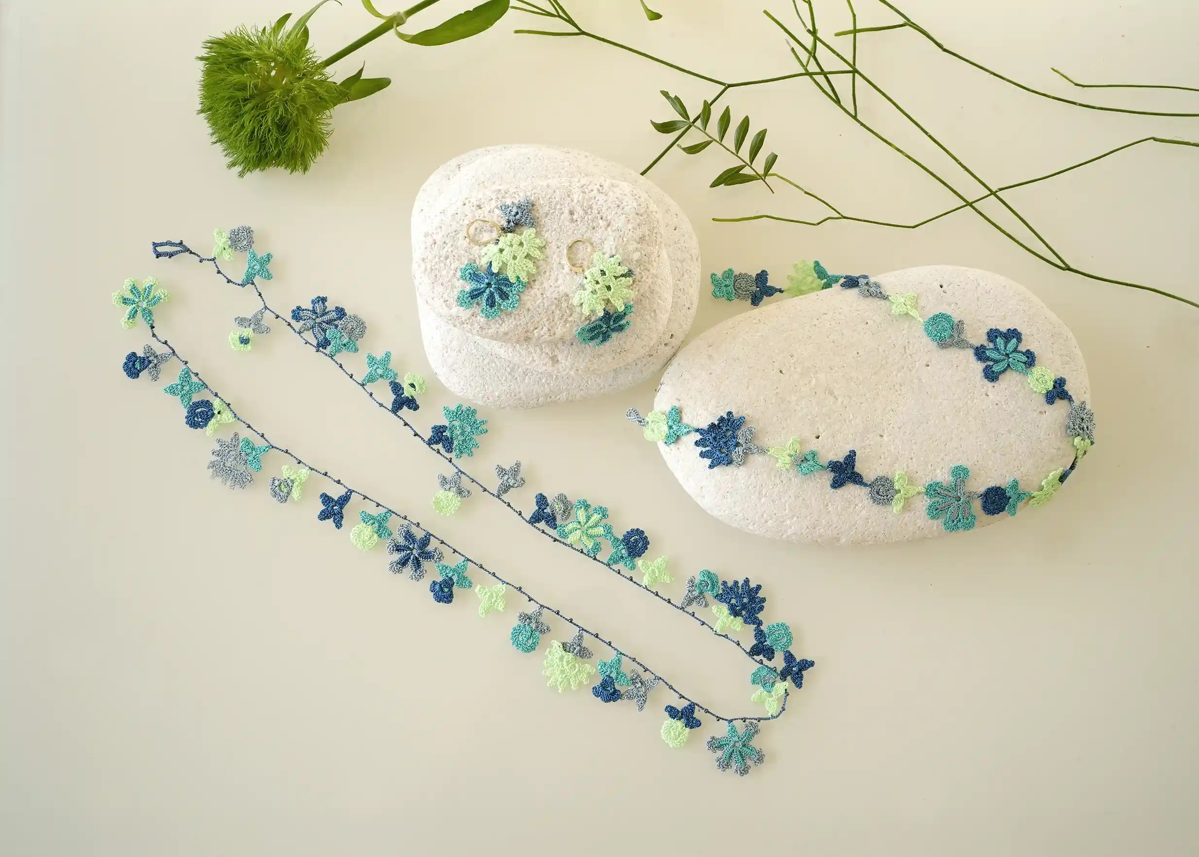 Bloom collection set, lace necklace and earrings, ocean colour