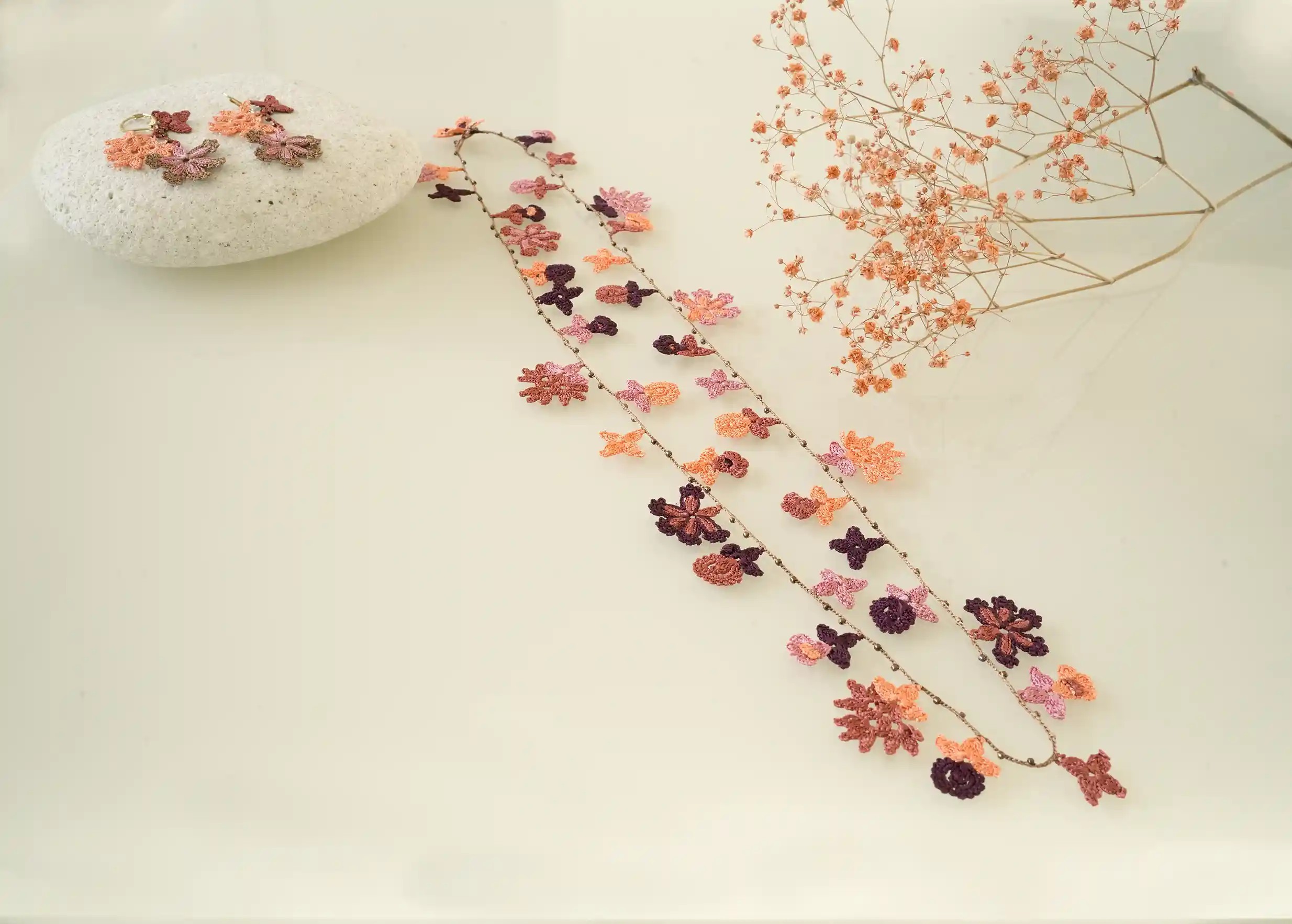 Bloom range set, lace necklace and earrings, Woody colour