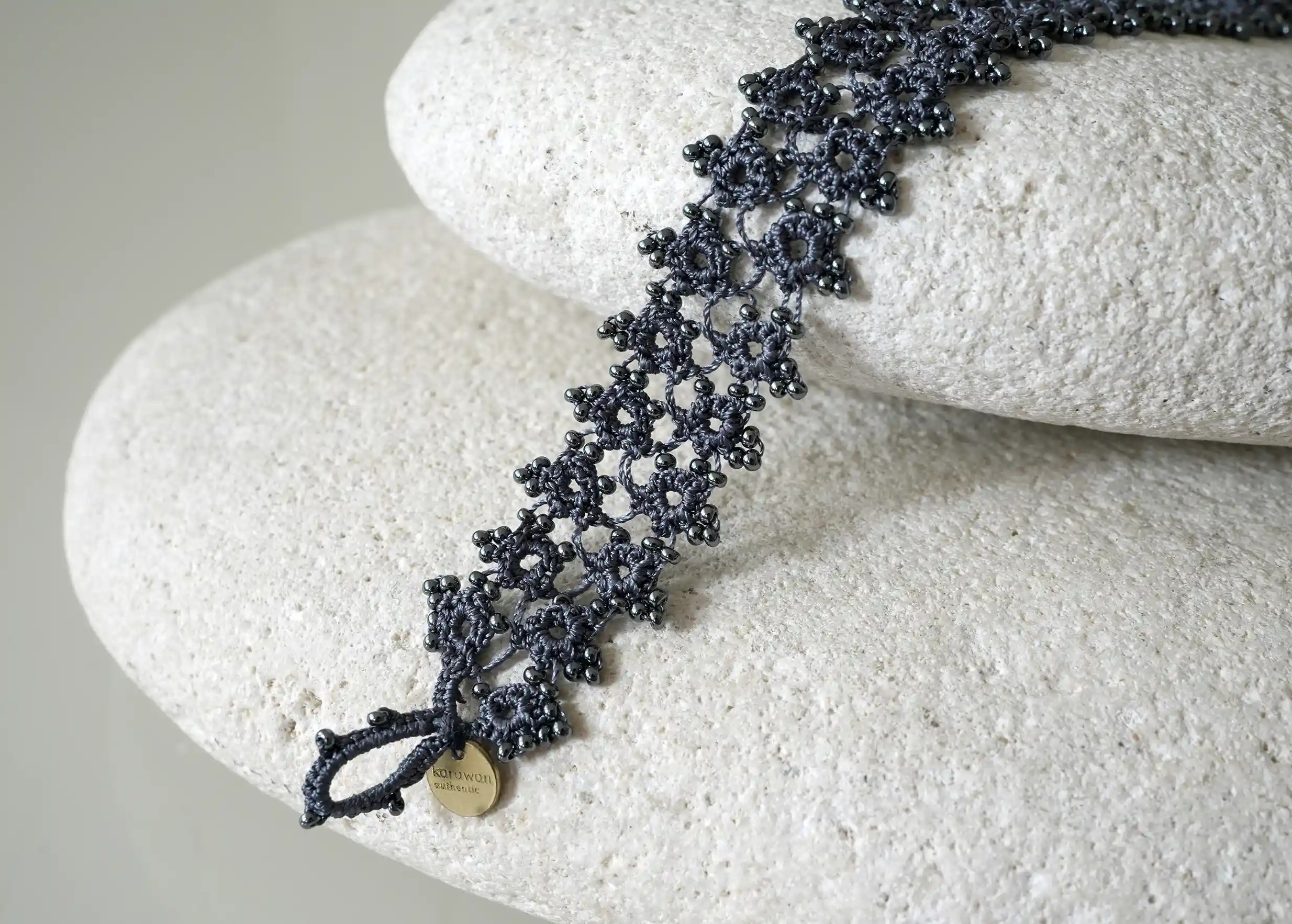 Handmade lace textile bracelet, Husnu, OYA collection, slate blue colour