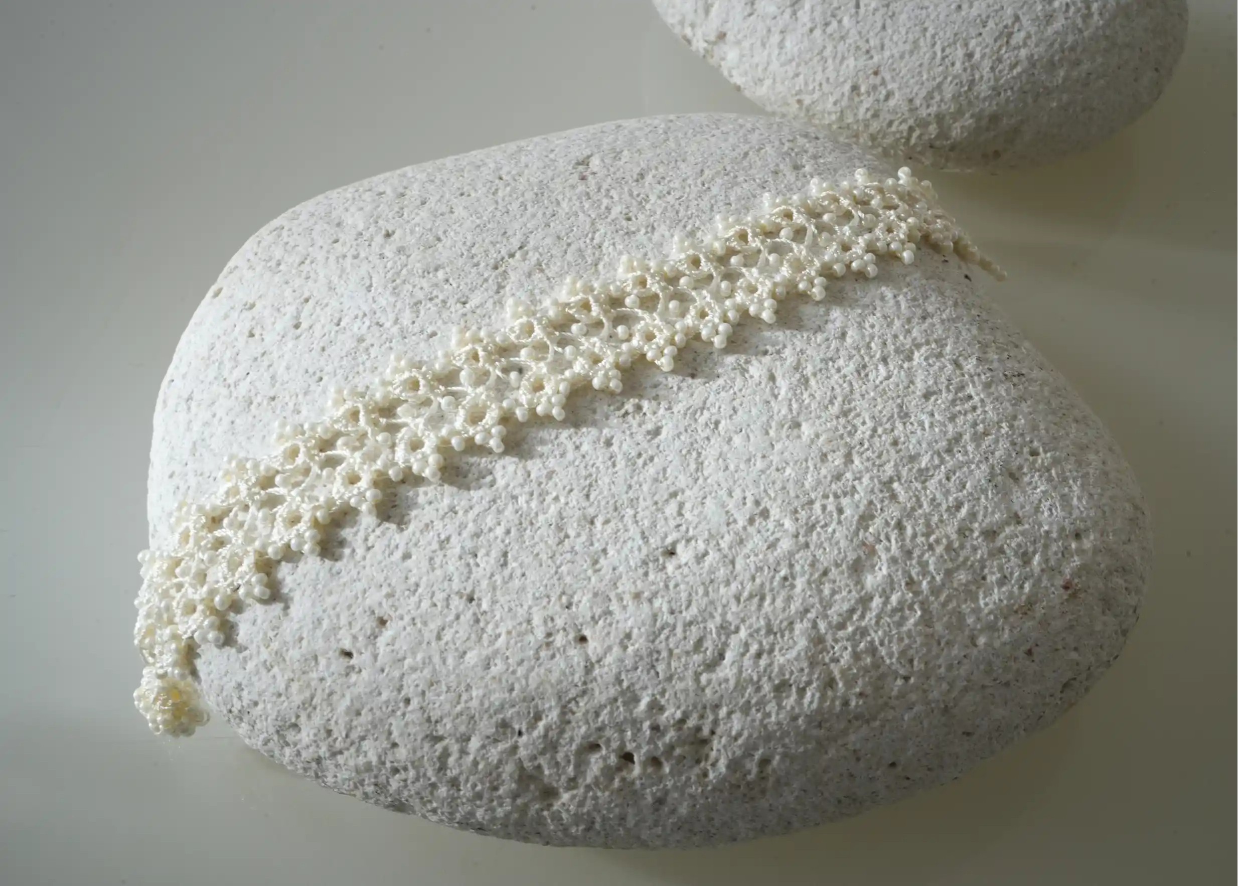 Handmade lace textile bracelet, Husnu, OYA collection, light ivory colour