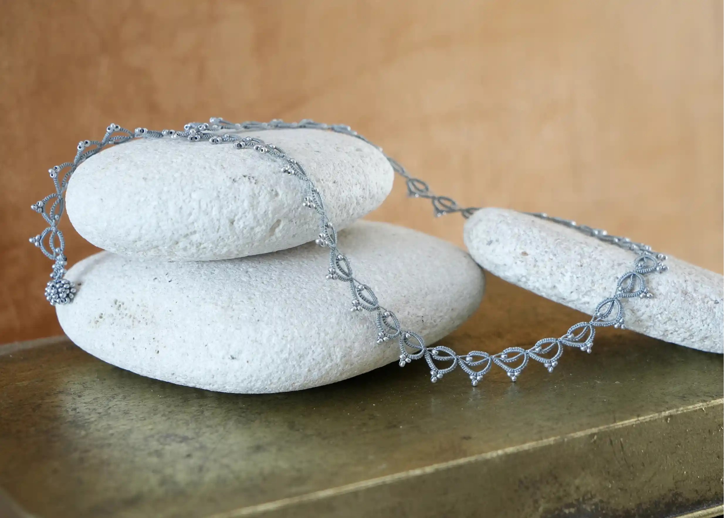 Handmade choker necklace made of thread and beads, Lotus Chain in ice blue and silver, Karawan brand